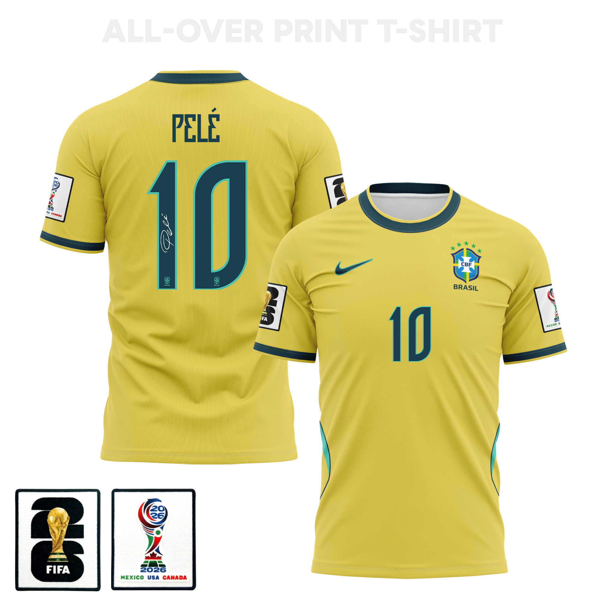 Pelé 10 Brazil 2026 Home 3D T-Shirt Fully Printed – Unisex, Yellow – Jersey Teams