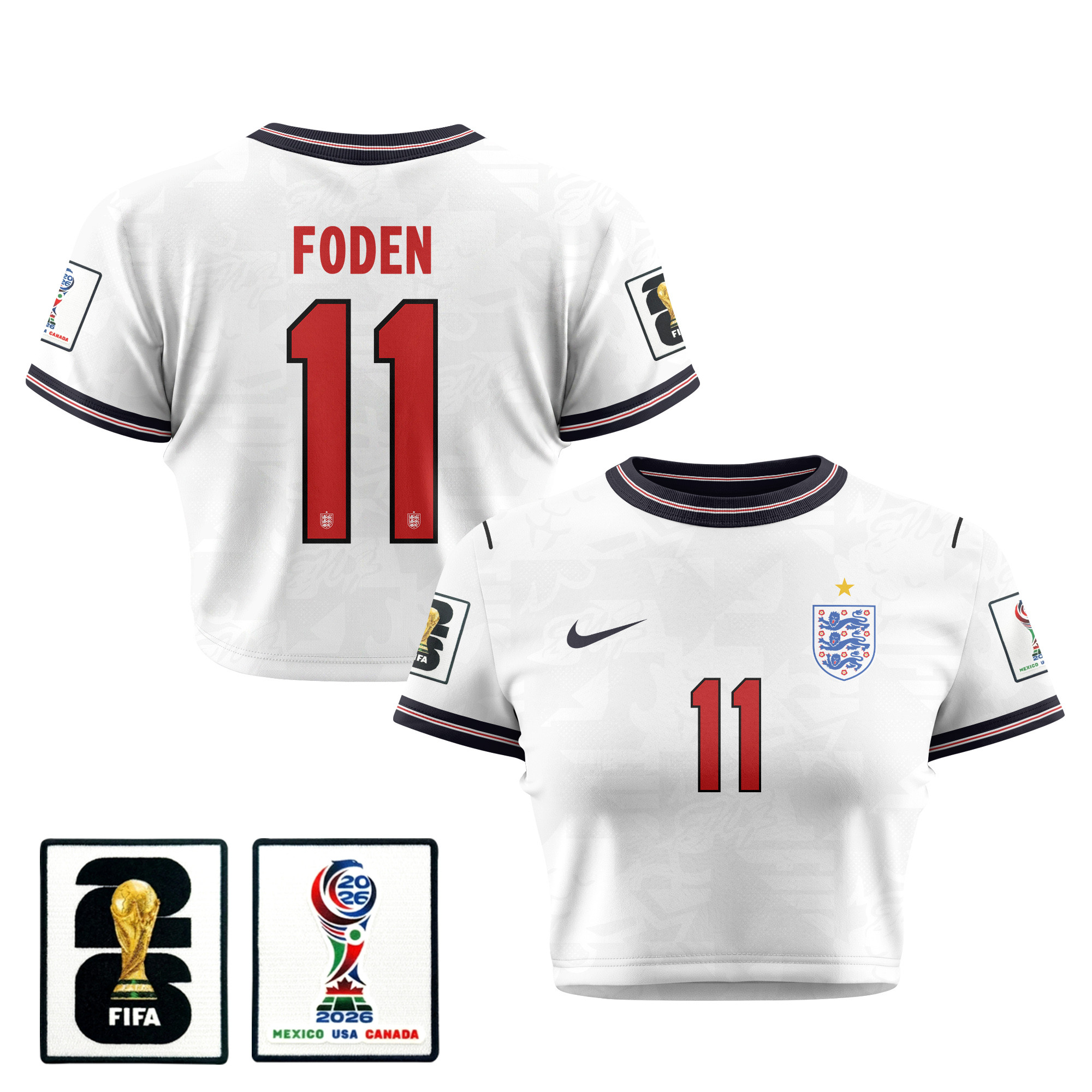Phil Foden 11 England 2026 Women's Home All-Over Print Cropped Jersey - White - Jersey Teams