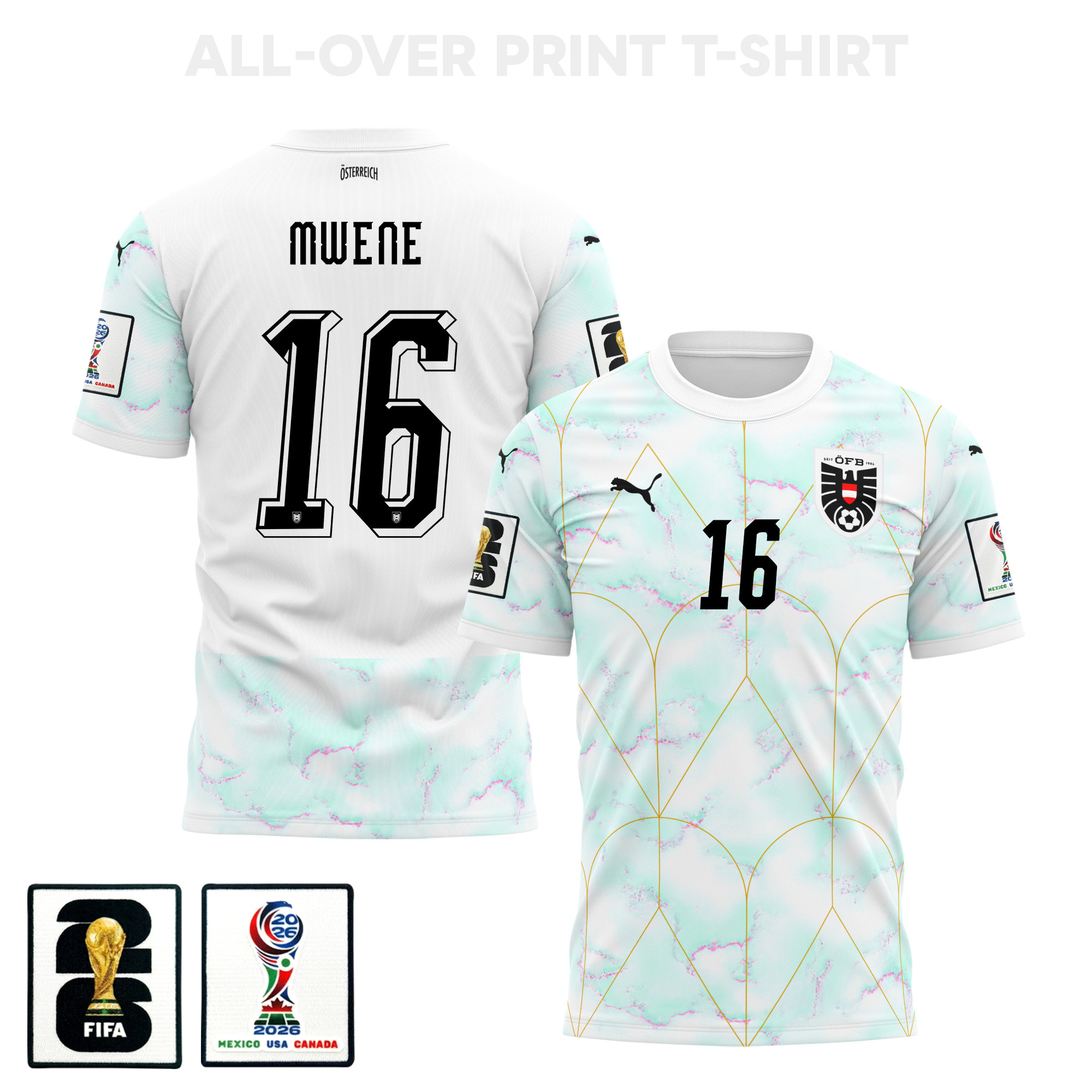 Phillipp Mwene 16 Austria 2026 Away 3D T-Shirt Fully Printed – Unisex, White – Jersey Teams
