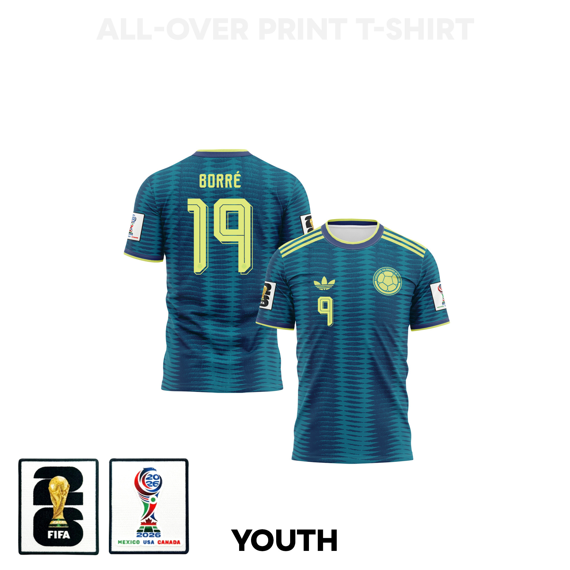 Rafael Borré 19 Youth Colombia 2026 Away 3D T-shirt Fully Printed – Turquoise – Jersey Teams