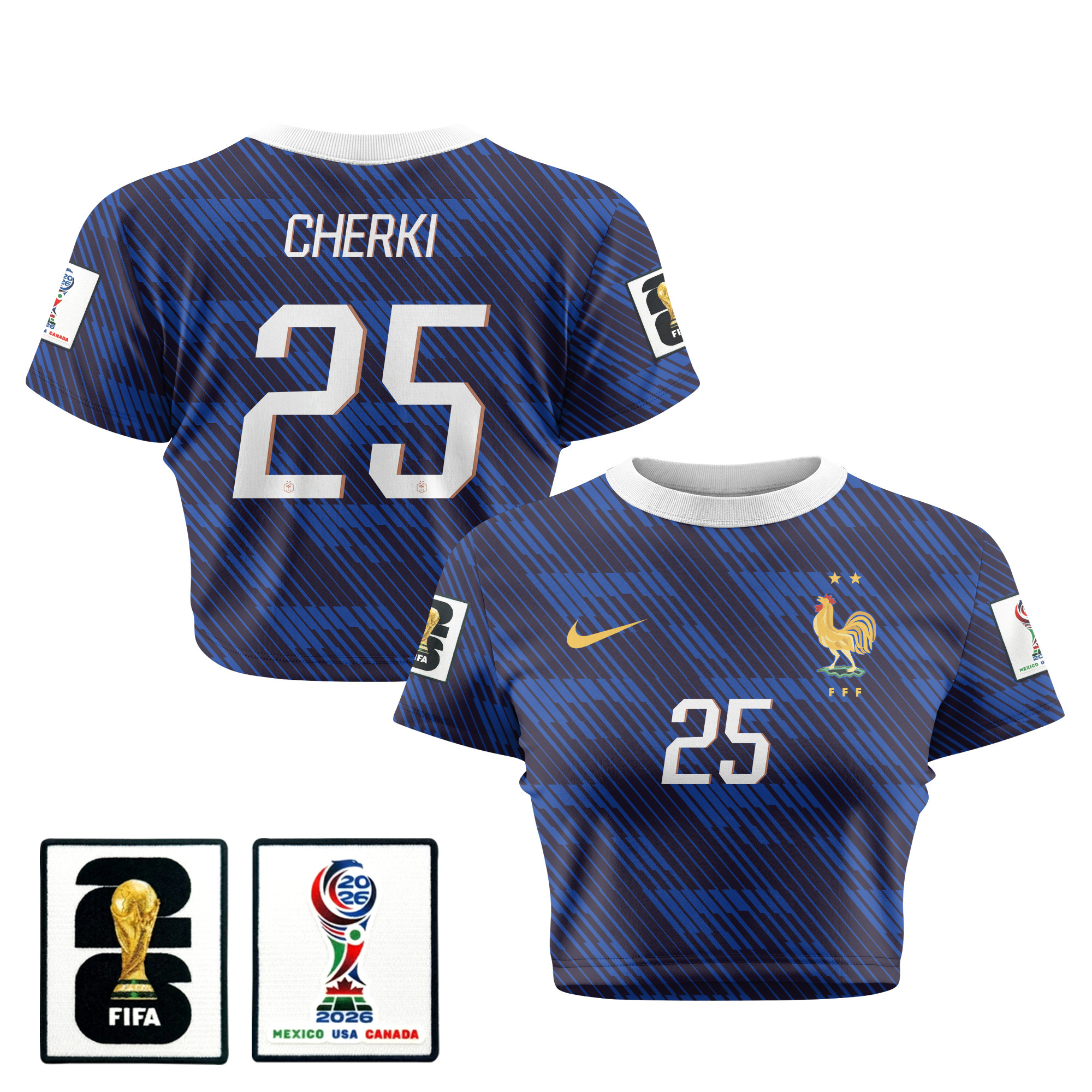 Rayan Cherki 25 France 2026 Women’s Home All-Over Print Cropped Jersey – Blue – Jersey Teams