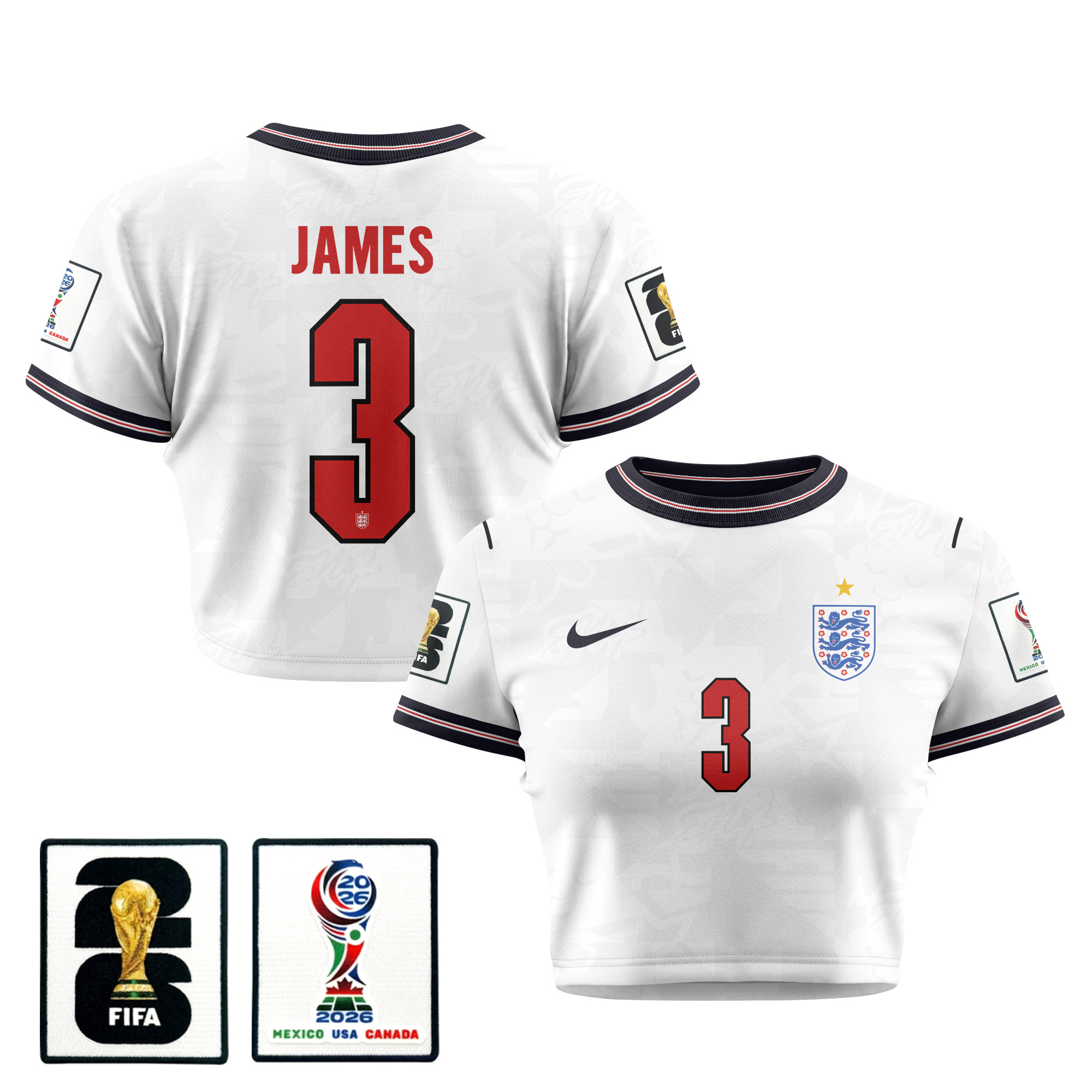Reece James 3 England 2026 Women's Home All-Over Print Cropped Jersey - White - Jersey Teams