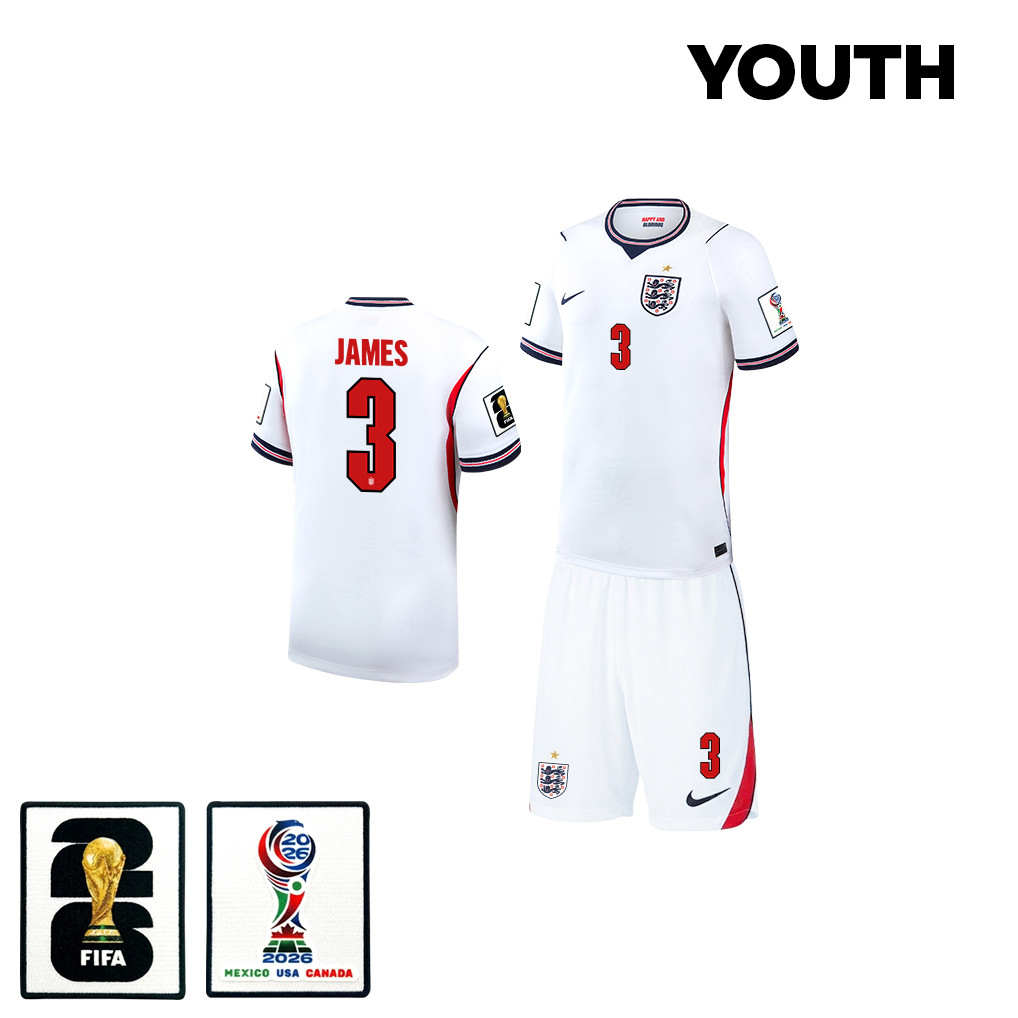 Reece James 3 England 2026 YOUTH Home Jersey & Shorts Set – White – Jersey Teams