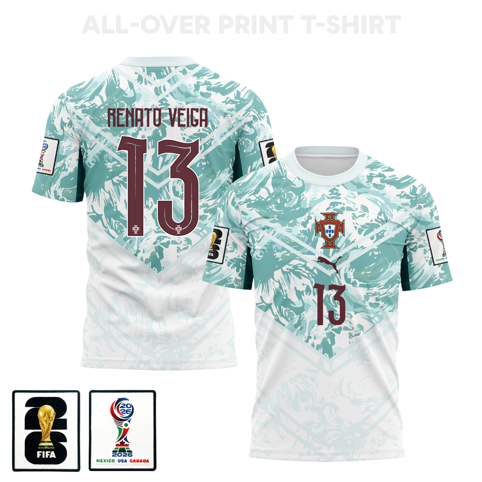 Renato Veiga 13 Portugal 2026 Away 3D T-Shirt Fully Printed – Unisex, White – Jersey Teams