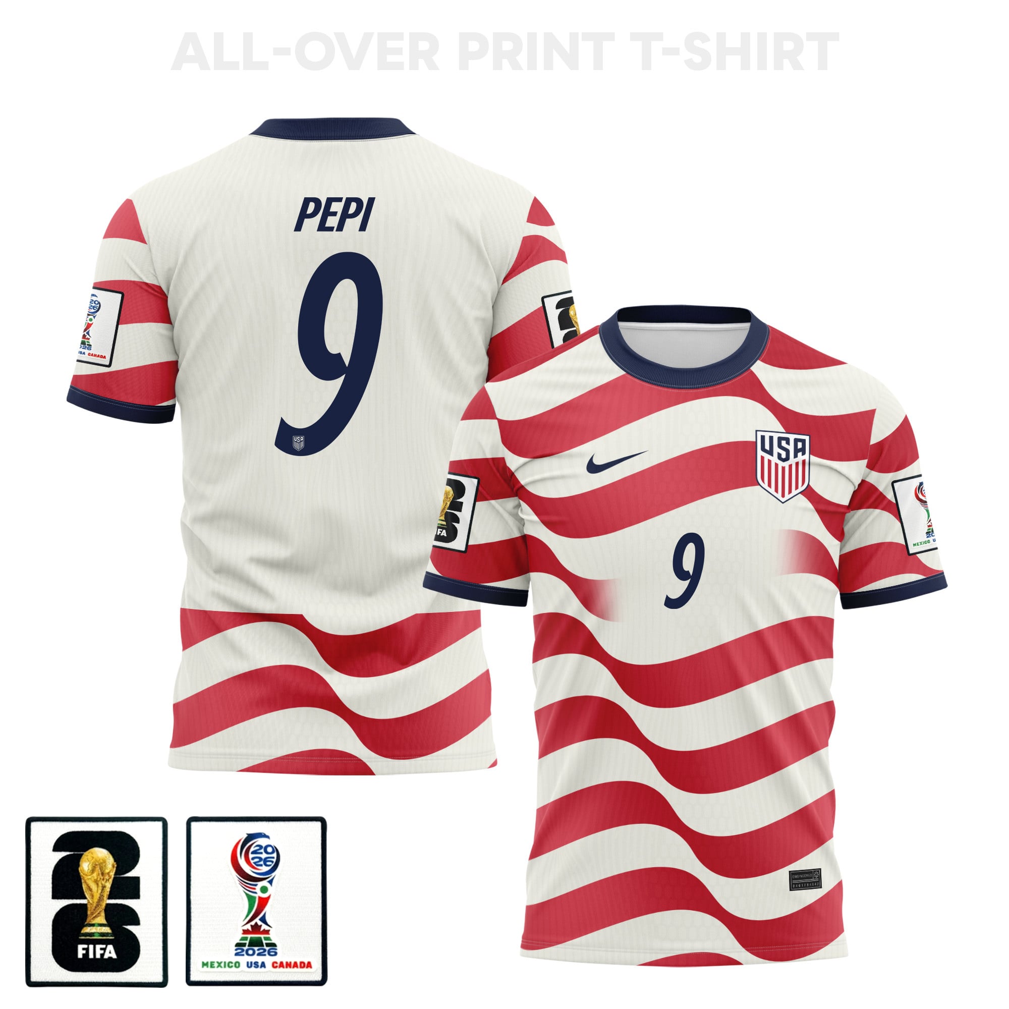 Ricardo Pepi 9 USMNT 2026 Home 3D T-Shirt Fully Printed – Unisex, White/Red - Jersey Teams