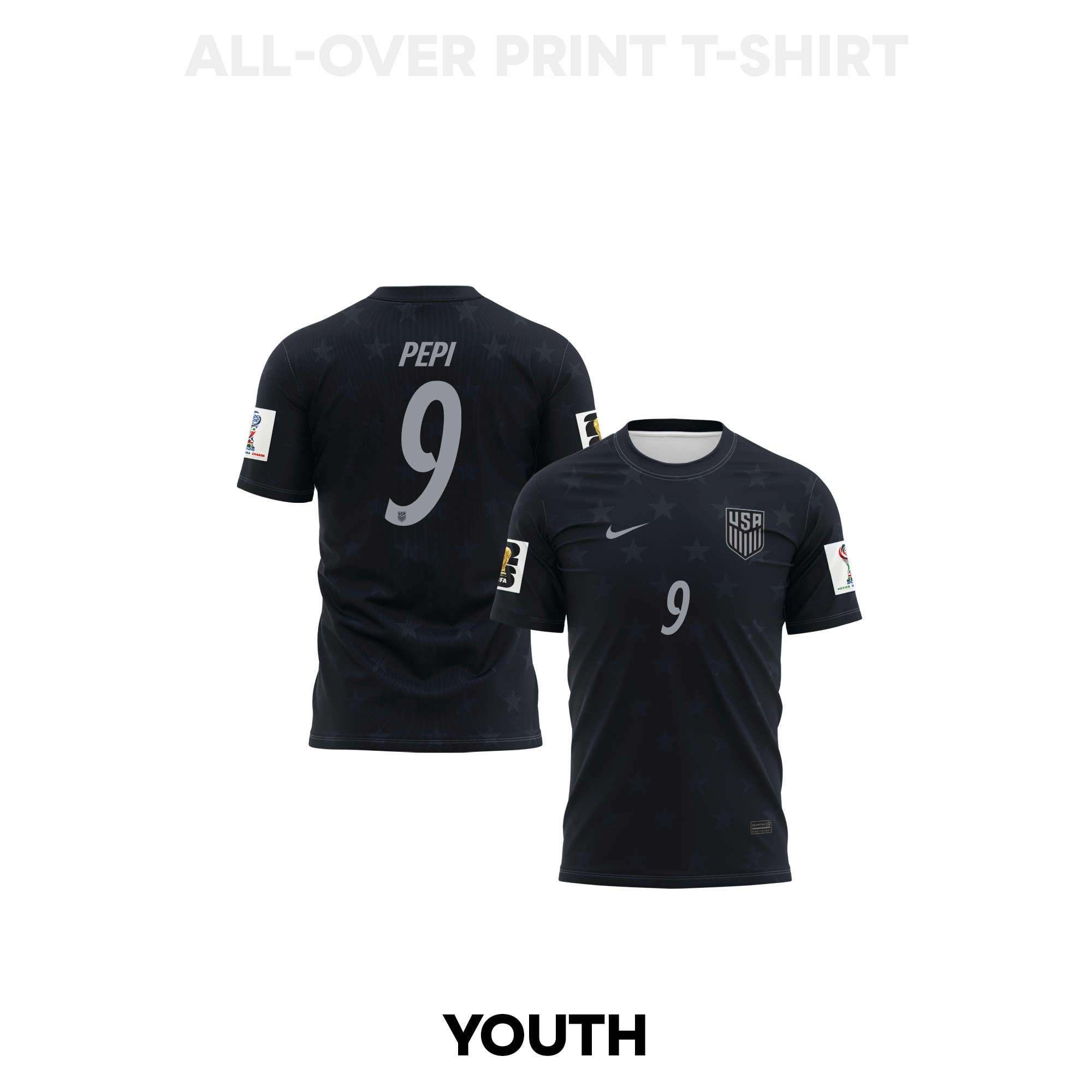 Ricardo Pepi 9 Youth USMNT 2026 Away 3D T-shirt Fully Printed – Black - Jersey Teams
