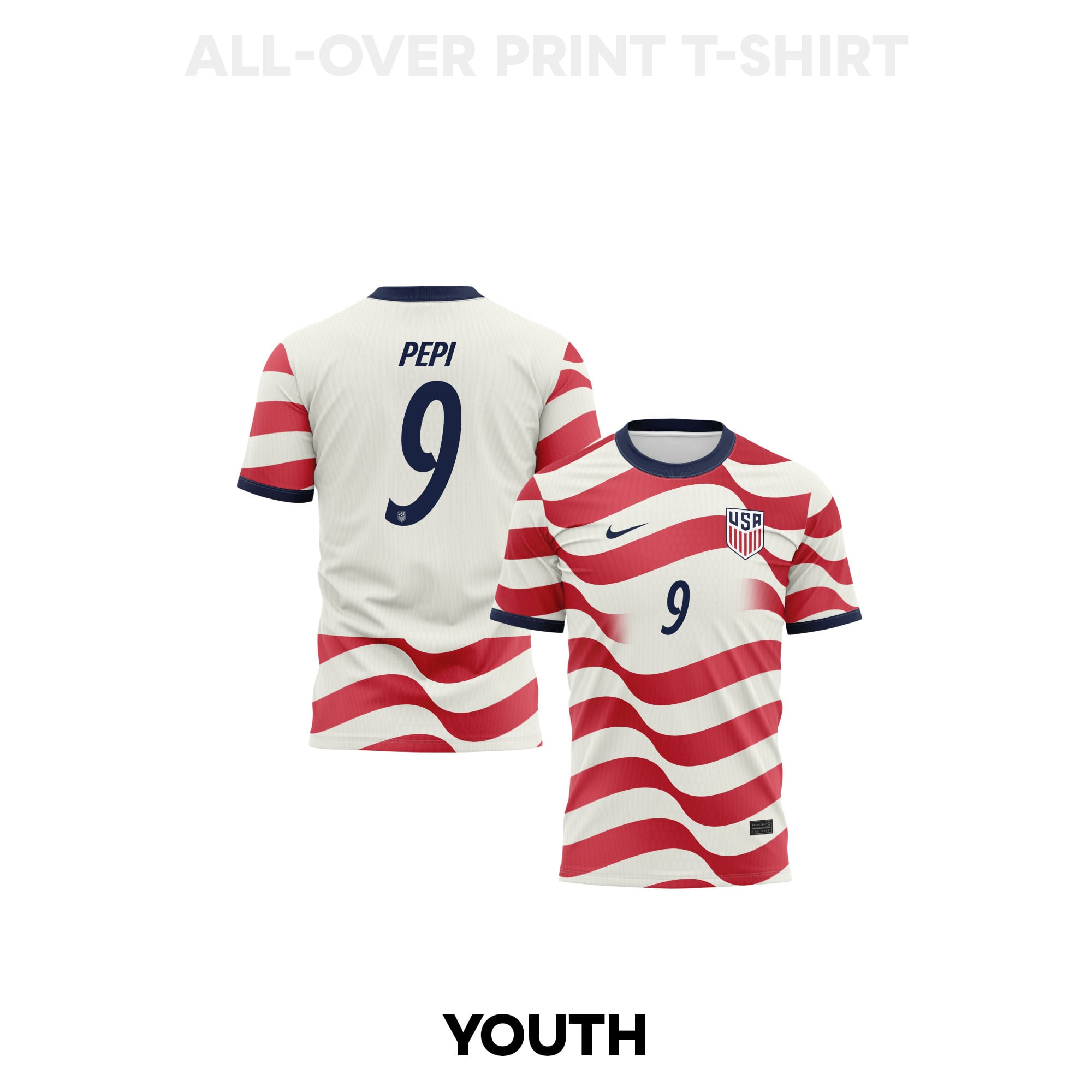Ricardo Pepi 9 Youth USMNT 2026 Home 3D T-shirt Fully Printed – White/Red - Jersey Teams