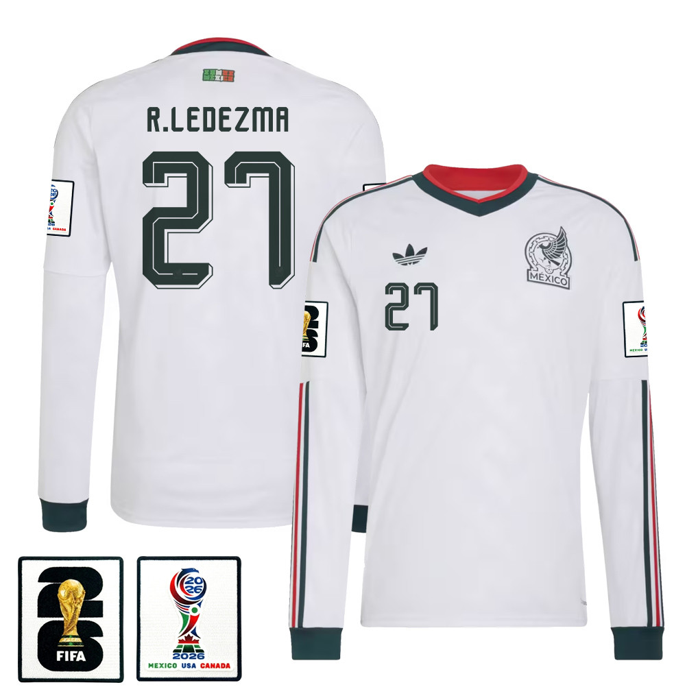 Richard Ledezma 27 Mexico National Team 2026 Away Long Sleeve Jersey - White - Jersey Teams
