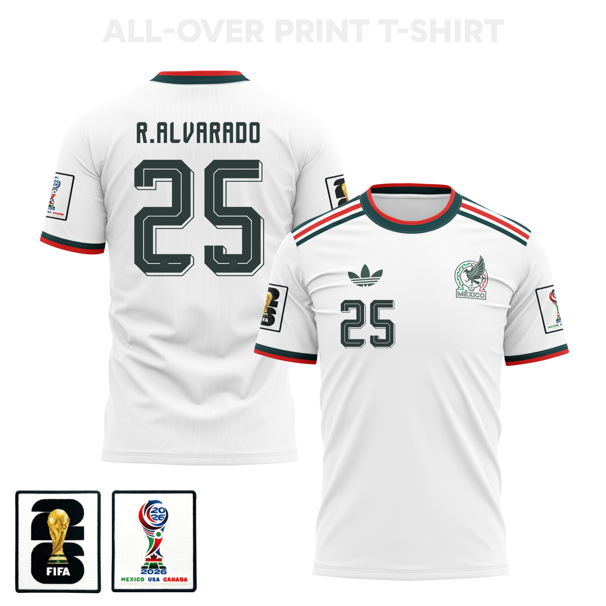 Roberto Alvarado 25 Mexico 2026 Away 3D T-Shirt Fully Printed – Unisex, White – Jersey Teams
