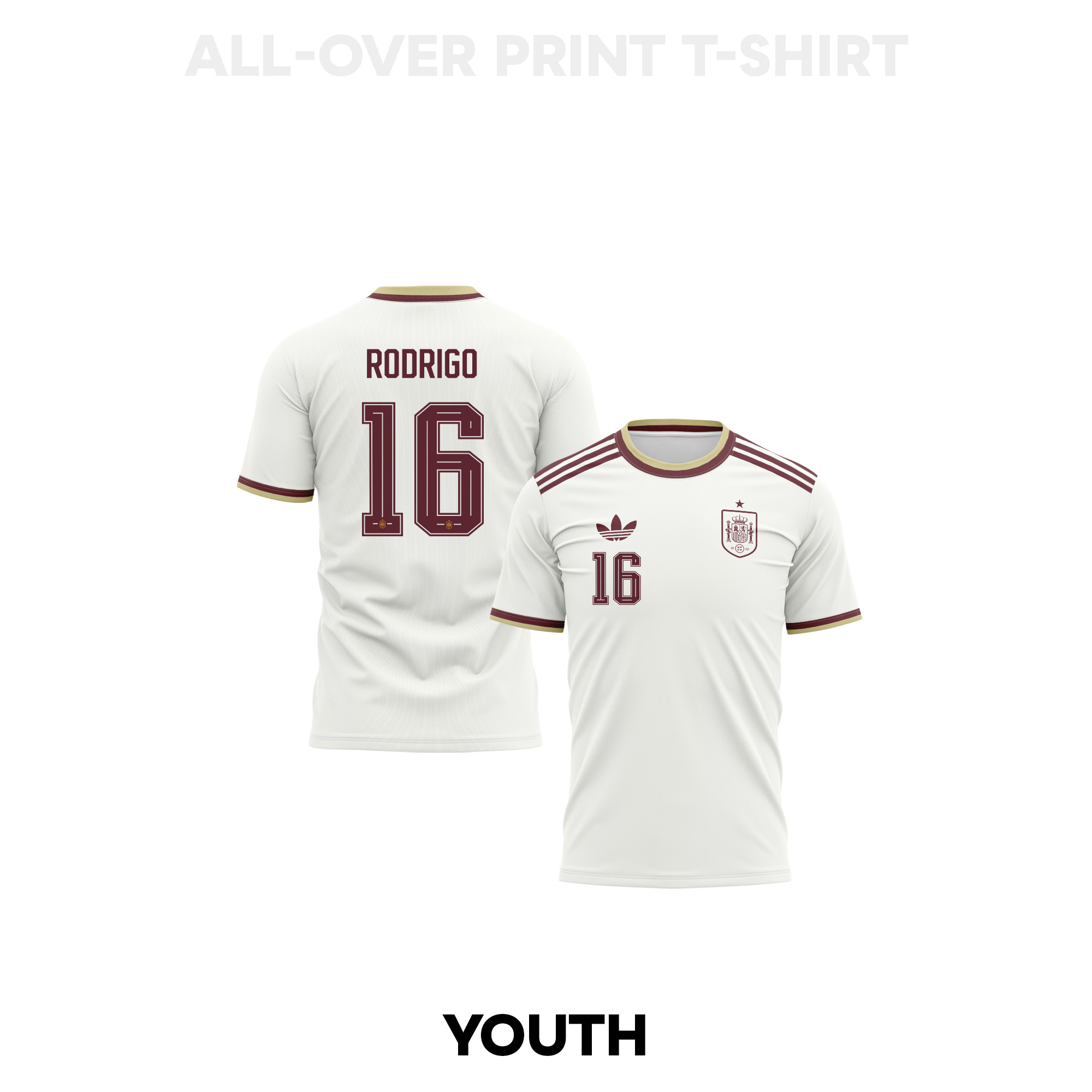 Rodri 16 Youth Spain 2026 Away 3D T-shirt Fully Printed – White - Jersey Teams