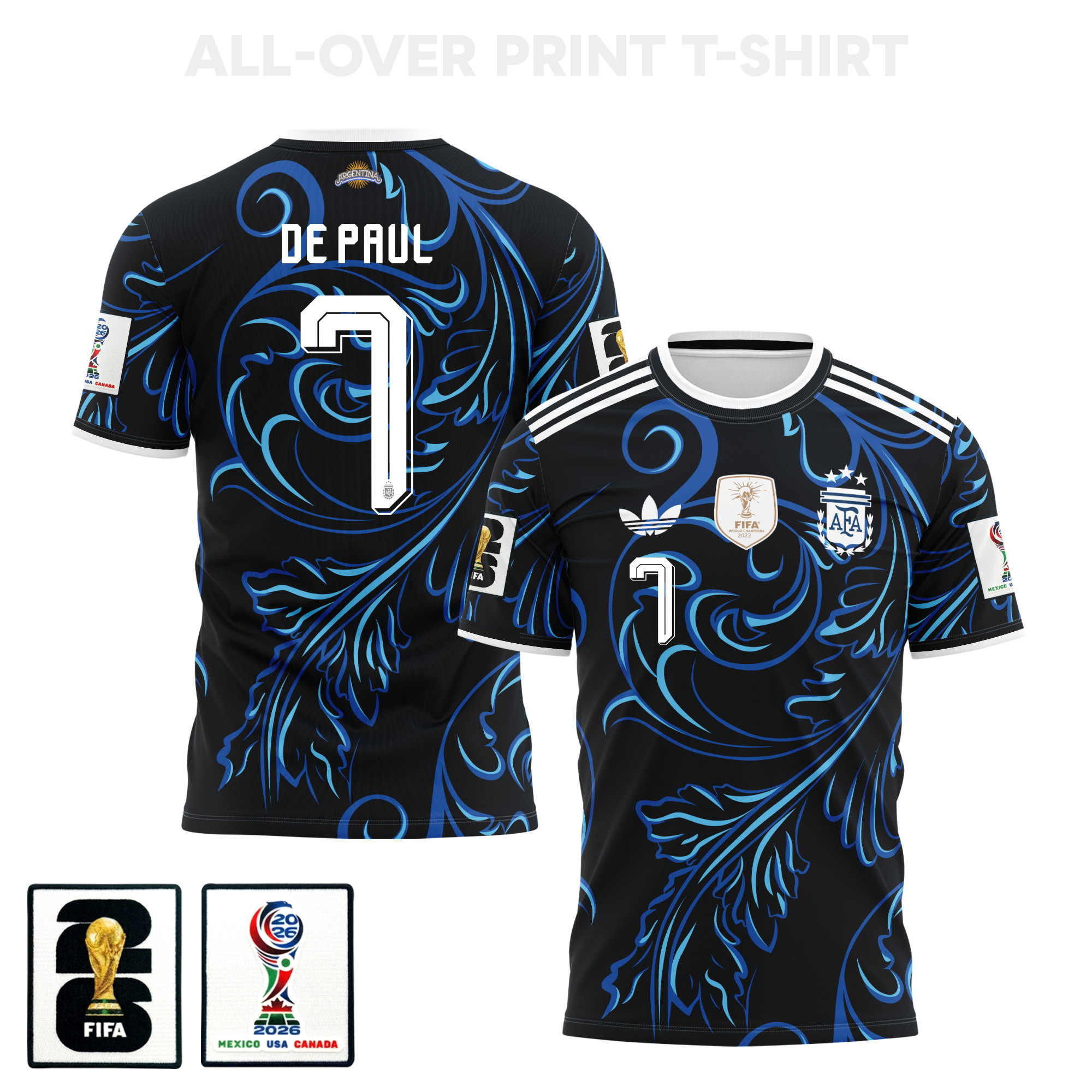 Rodrigo De Paul 7 Argentina 2026 Away 3D T-Shirt Fully Printed – Unisex, Black - Jersey Teams