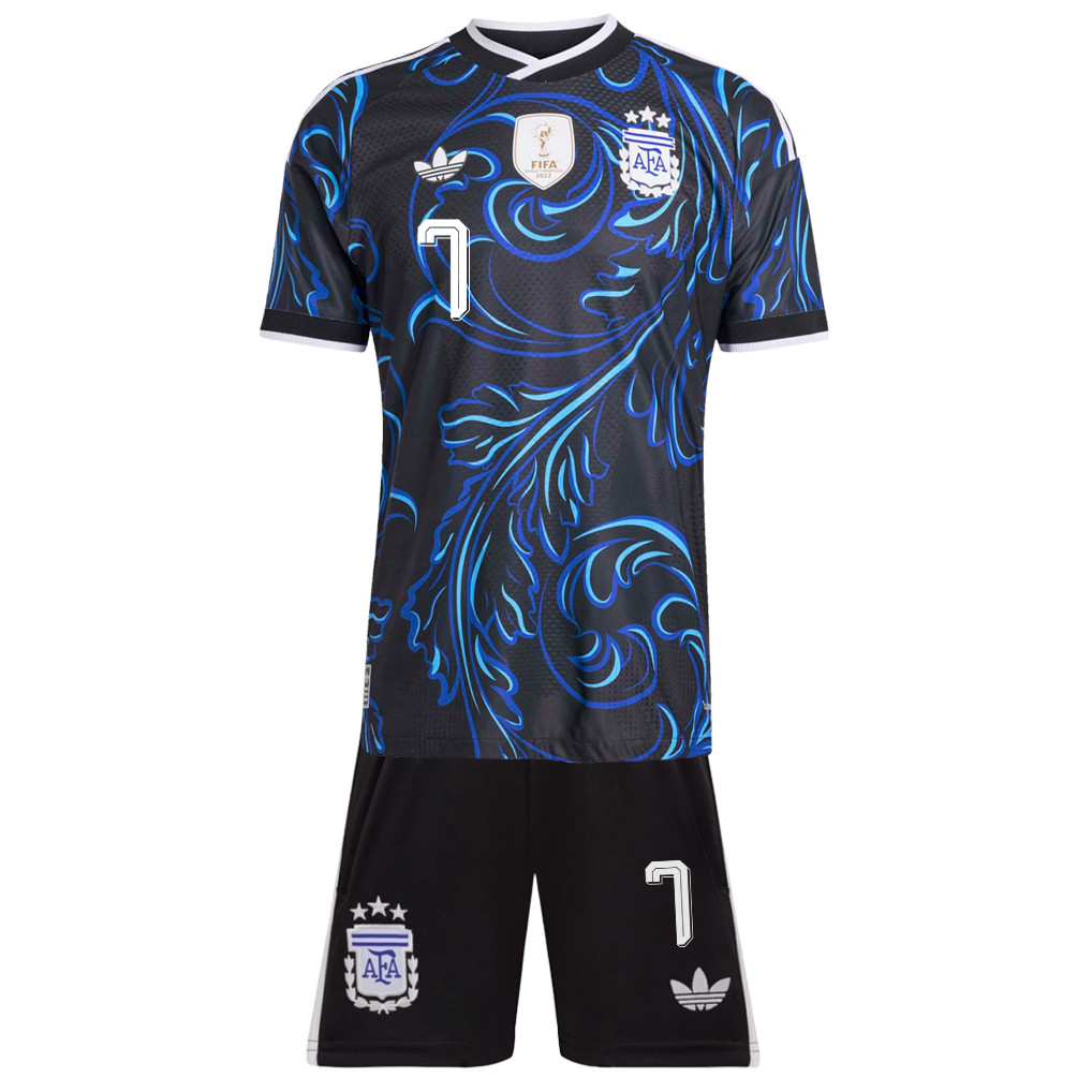 Rodrigo De Paul 7 Argentina 2026 Youth Away Jersey & Shorts Set - Black - Jersey Teams