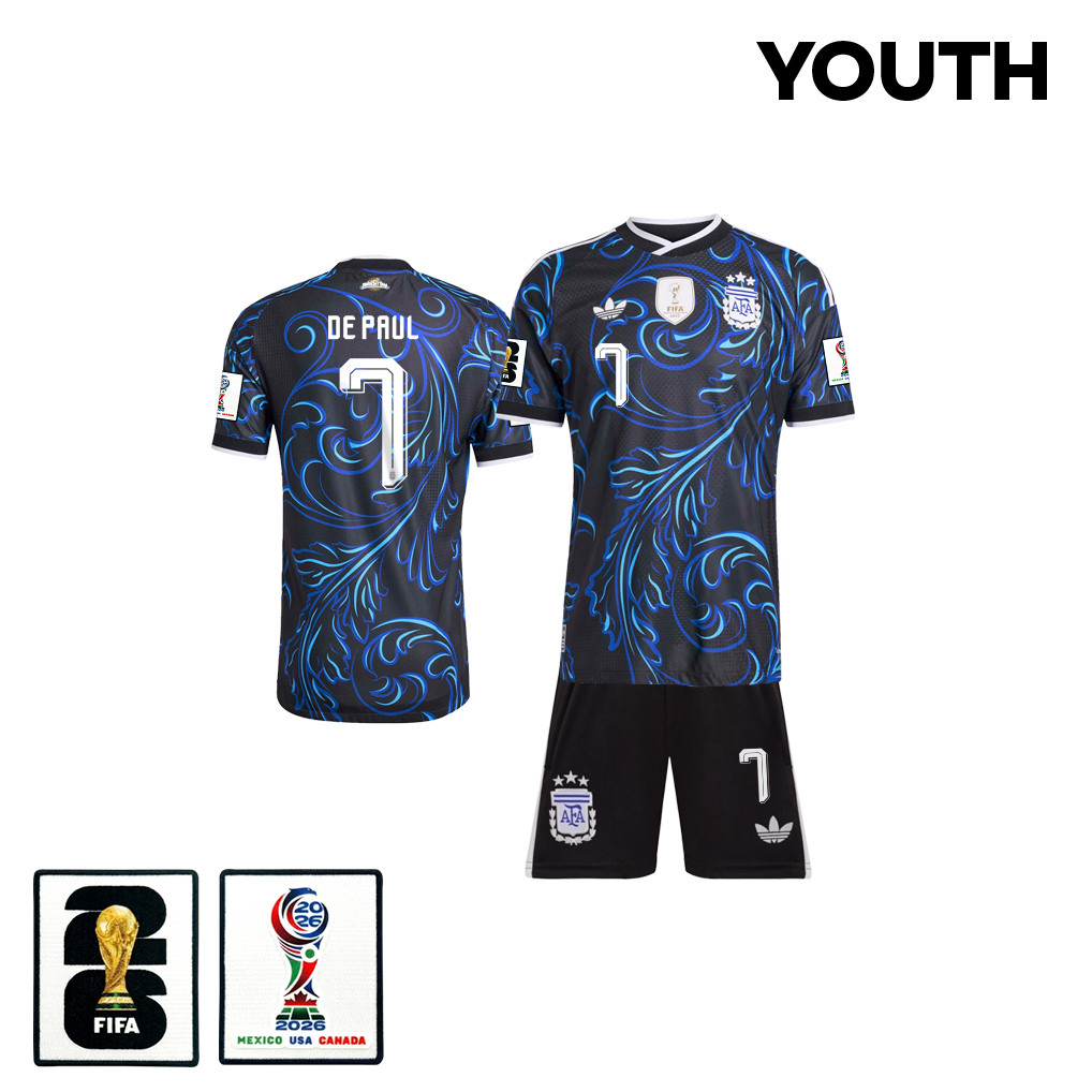 Rodrigo De Paul 7 Argentina 2026 Youth Away Jersey & Shorts Set – Black – Jersey Teams