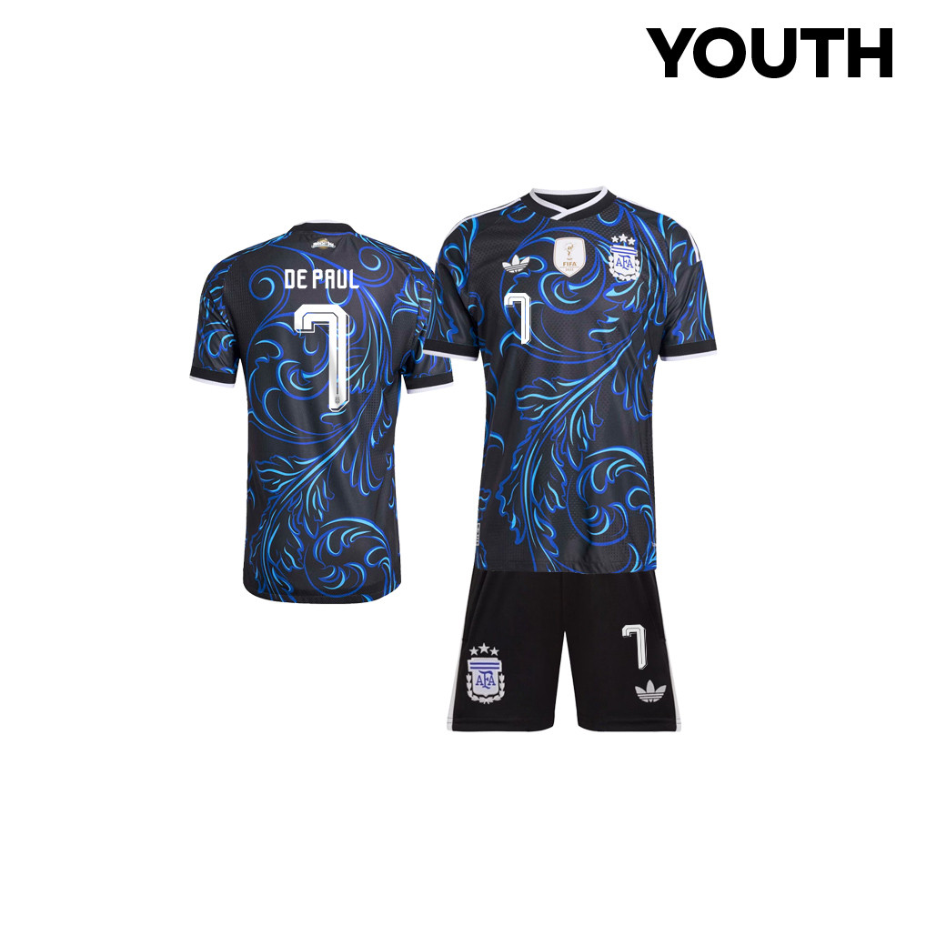 Rodrigo De Paul 7 Argentina 2026 Youth Away Jersey & Shorts Set - Black - Jersey Teams