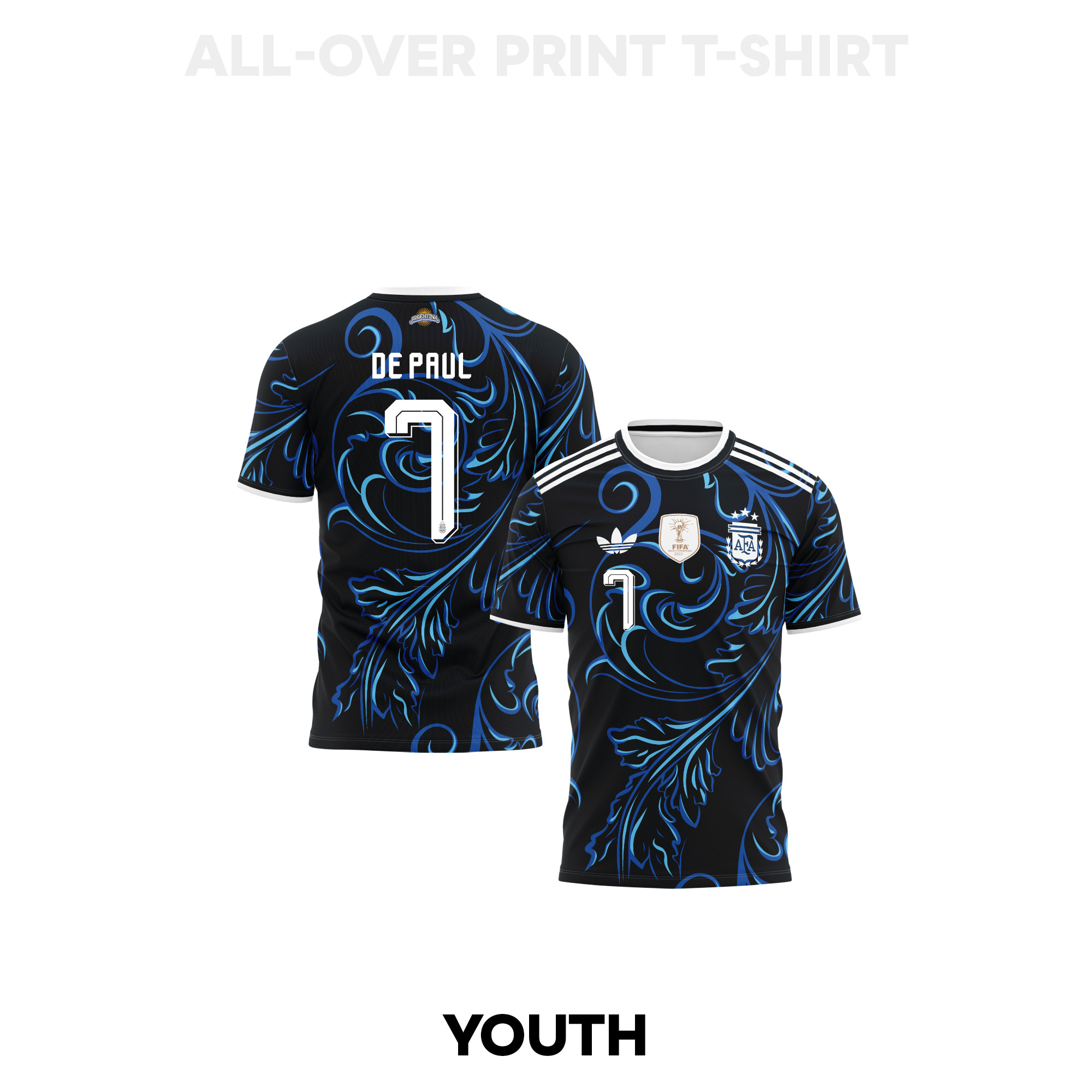 Rodrigo De Paul 7 Youth Argentina 2026 Away 3D T-shirt Fully Printed – Black - Jersey Teams
