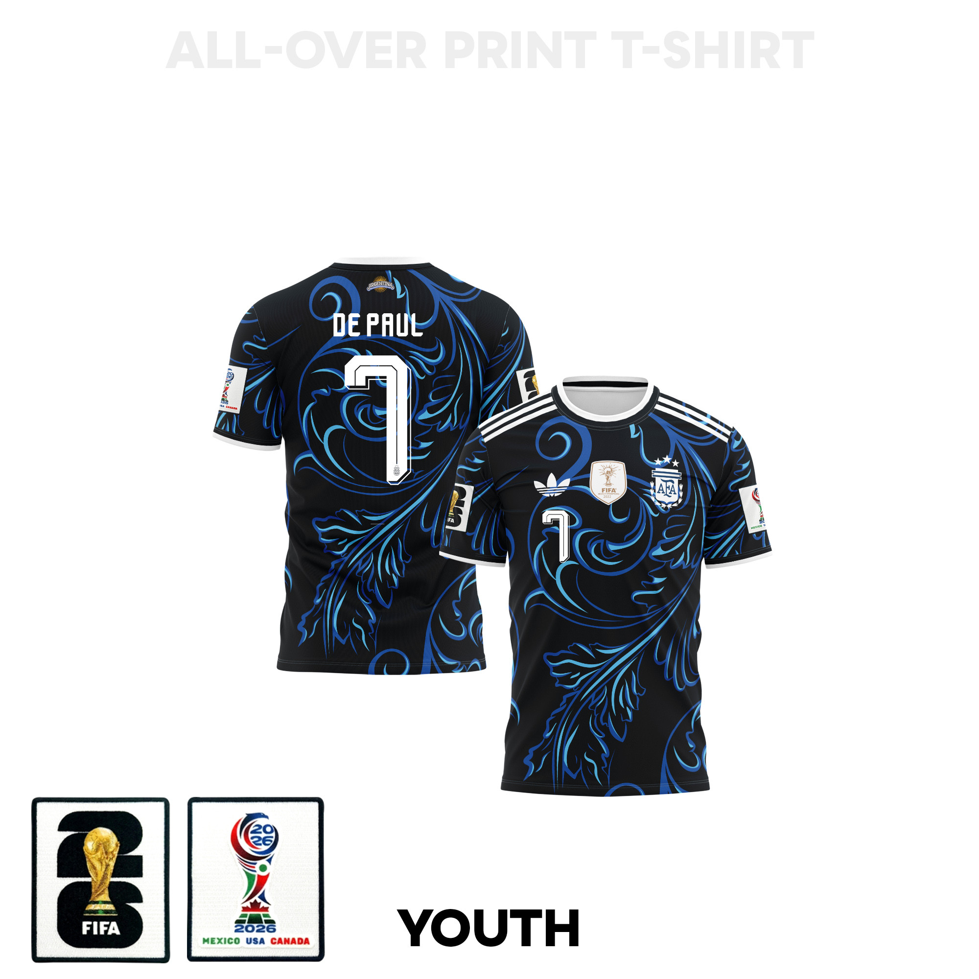 Rodrigo De Paul 7 Youth Argentina 2026 Away 3D T-shirt Fully Printed – Black - Jersey Teams