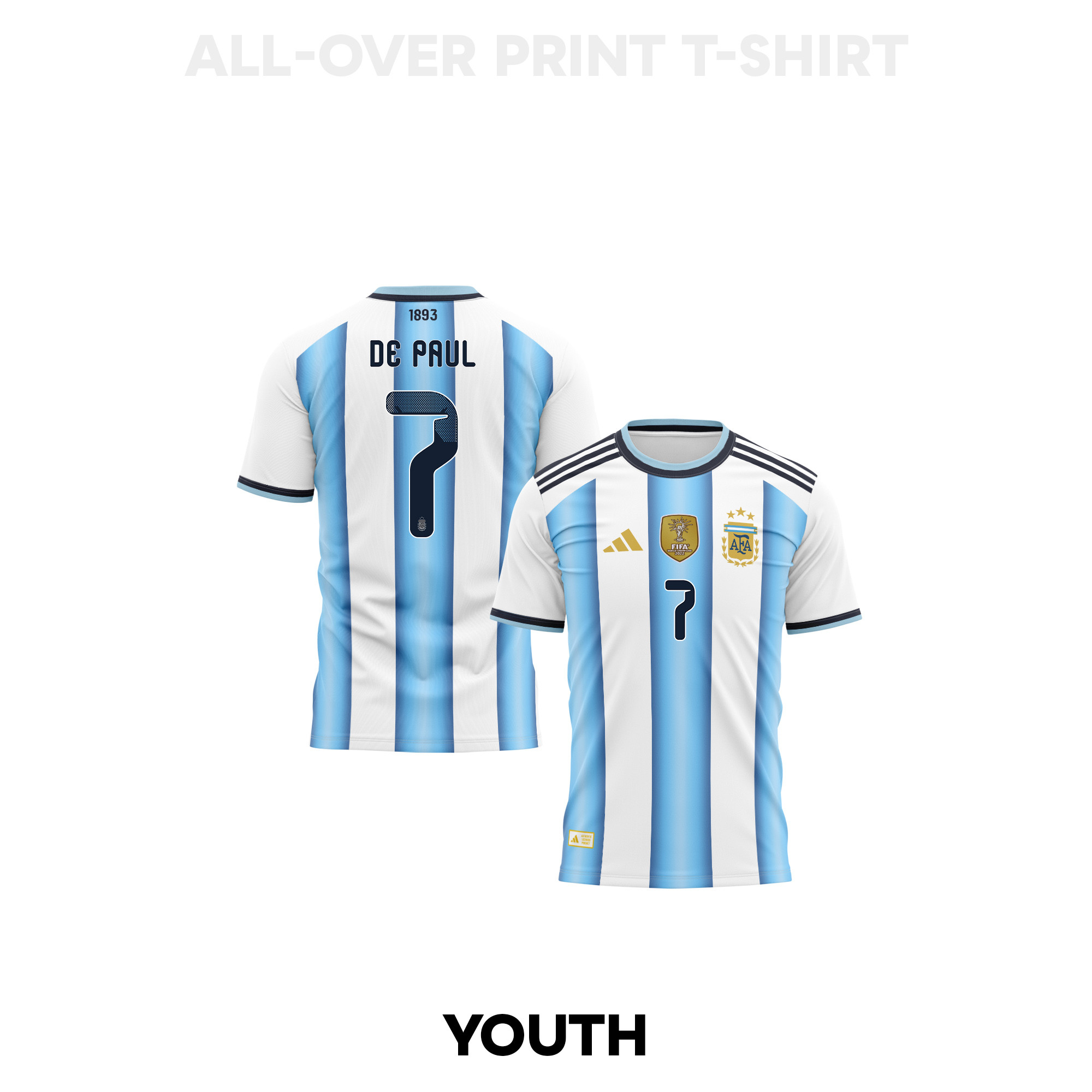 Rodrigo De Paul 7 Youth Argentina 2026 Home 3D T-shirt Fully Printed – White - Jersey Teams