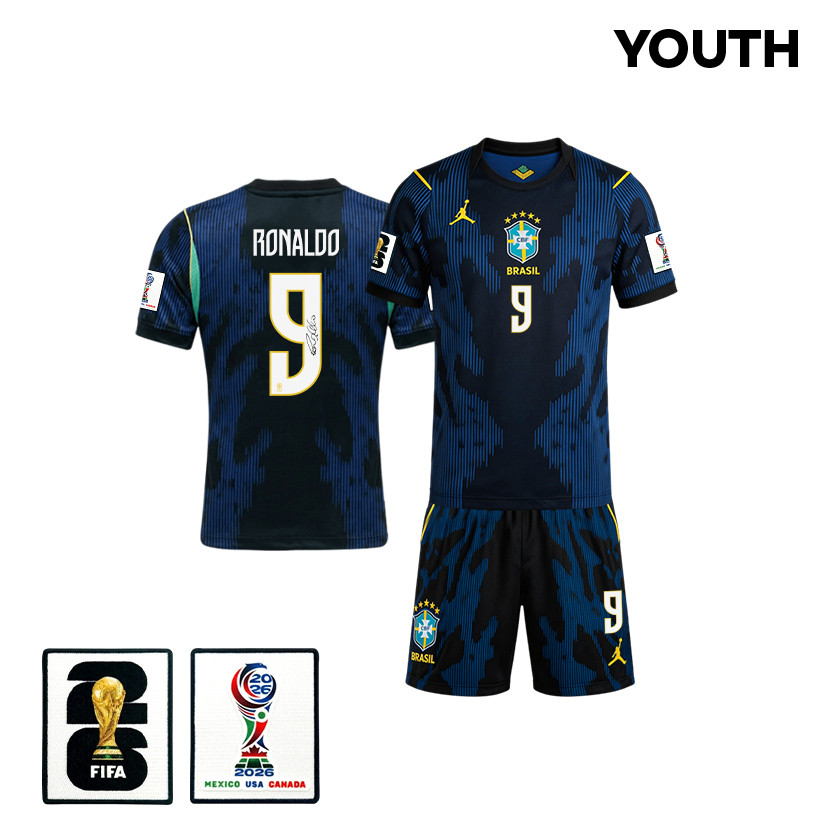 Ronaldo Nazário 9 Brazil 2026 YOUTH Away Jersey & Shorts Set – Blue – Jersey Teams