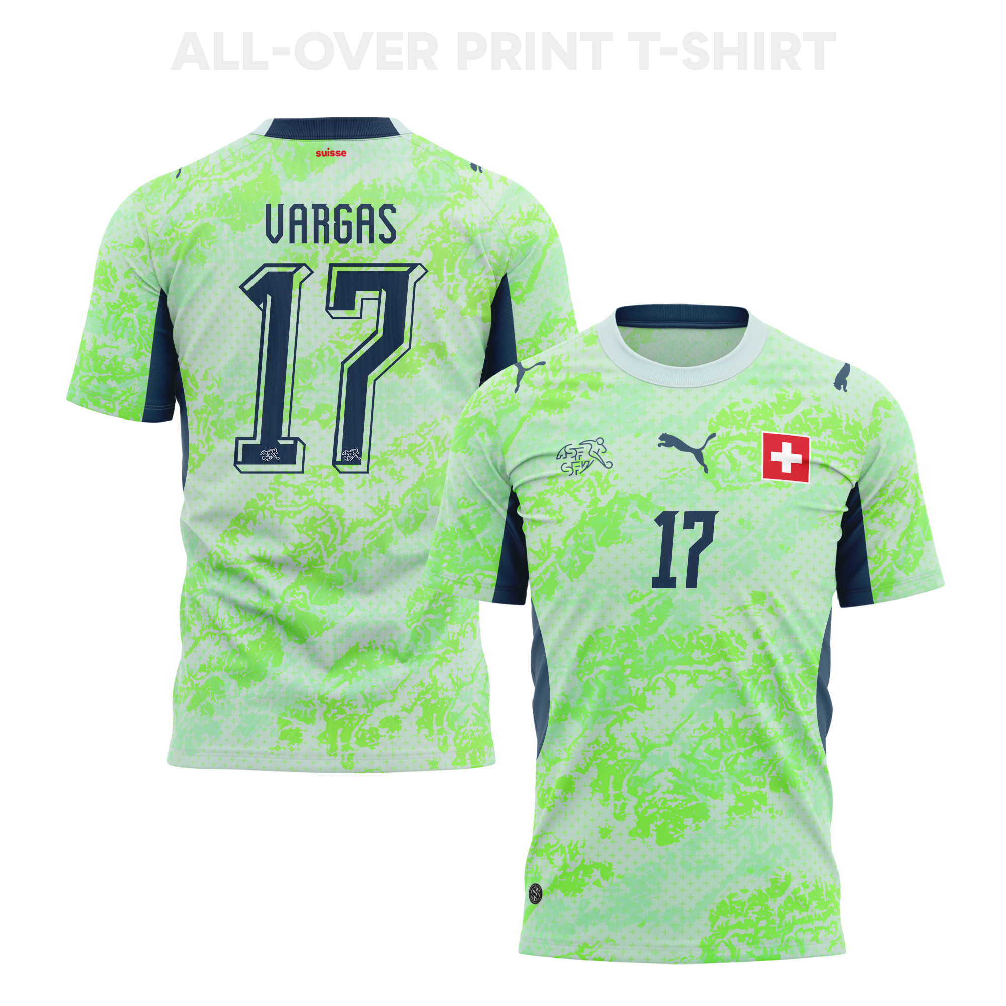 Rubén Vargas 17 Switzerland 2026 Away 3D T-Shirt Fully Printed – Unisex, Green - Jersey Teams