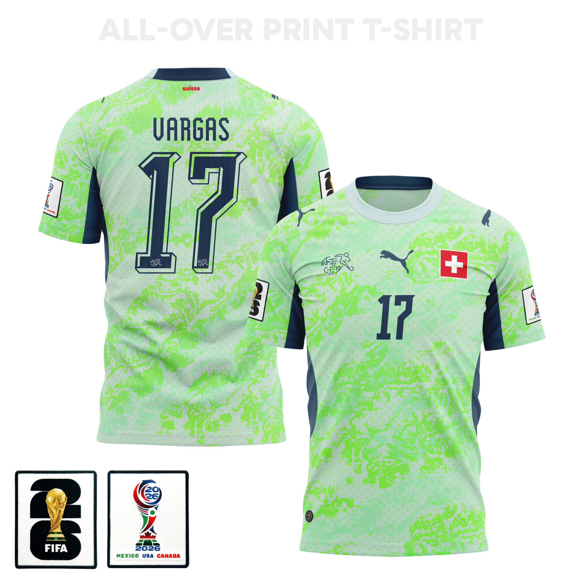 Rubén Vargas 17 Switzerland 2026 Away 3D T-Shirt Fully Printed – Unisex, Green – Jersey Teams
