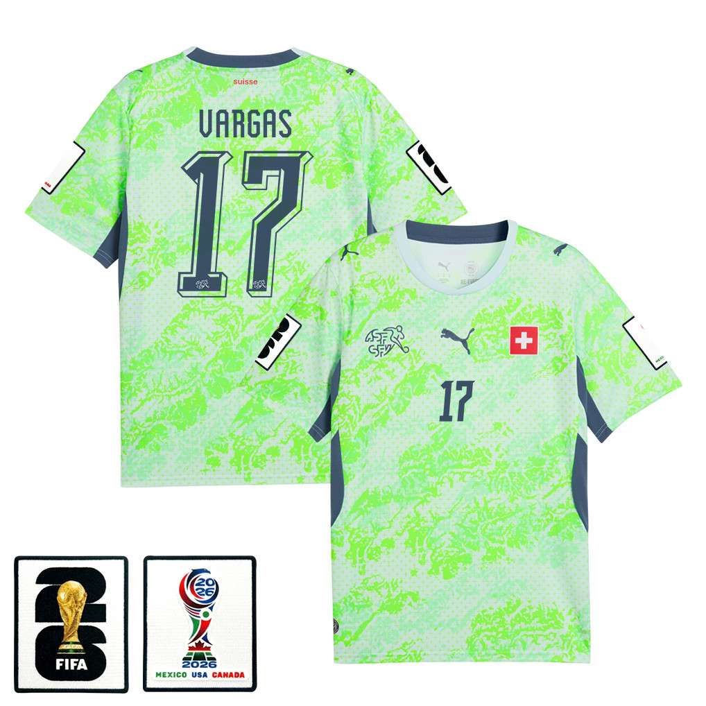 Rubén Vargas 17 Switzerland National Team 2026 x World Cup Patch Away Jersey - Men, Green - Jersey Teams