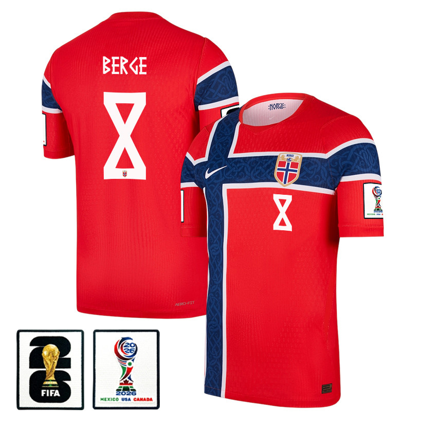 Sander Berge 8 Norway National Team 2026 x World Cup Patch Home Jersey - Red, Men - Jersey Teams