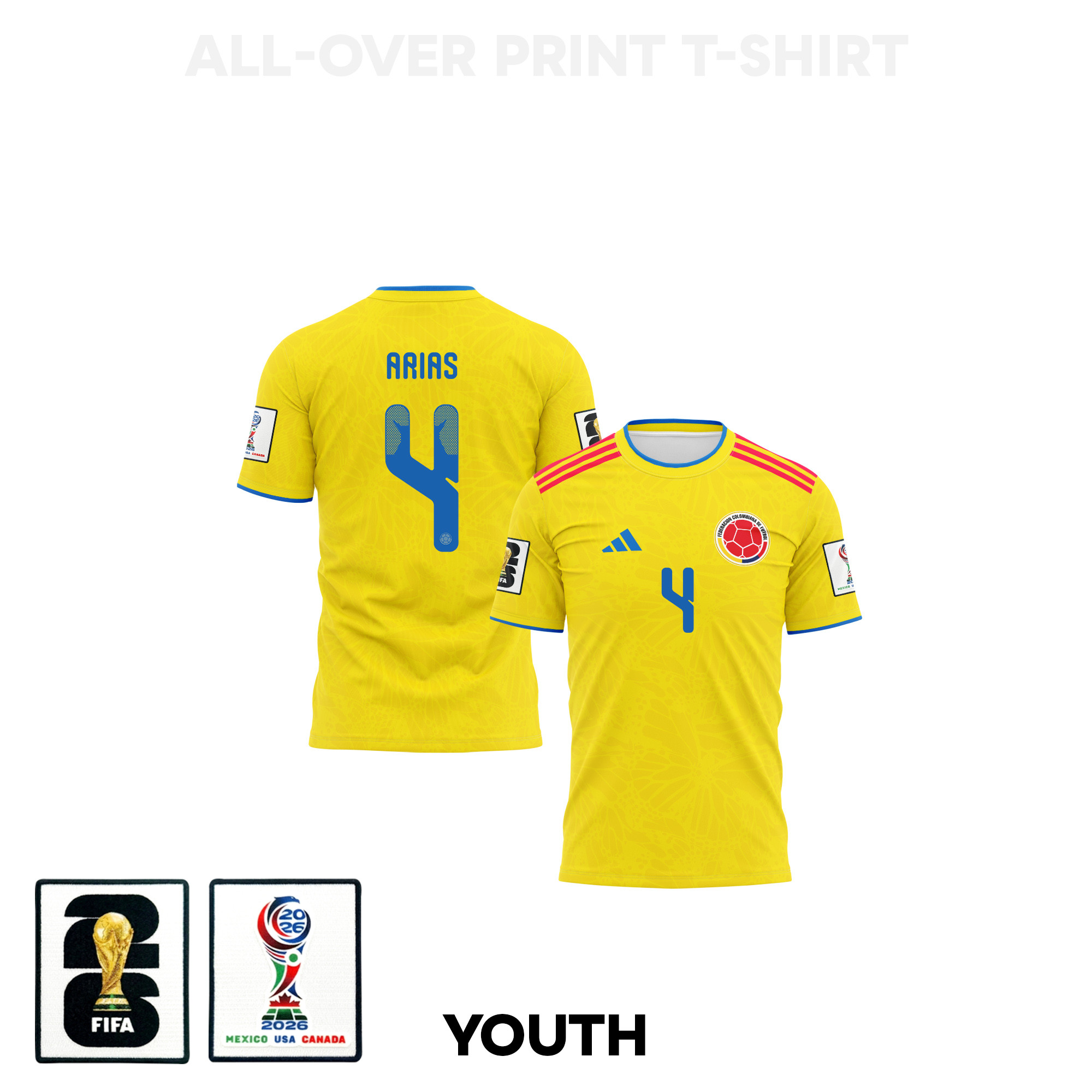 Santiago Arias 4 Youth Colombia 2026 Home 3D T-shirt Fully Printed – Yellow – Jersey Teams