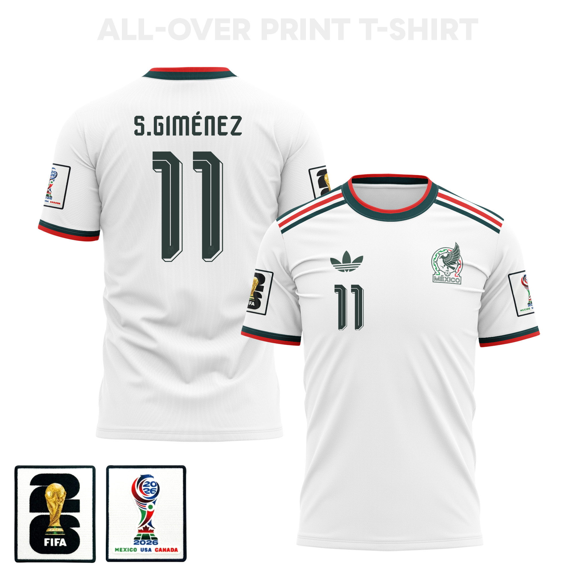 Santiago Giménez 11 Mexico 2026 Away 3D T-Shirt Fully Printed – Unisex, White – Jersey Teams
