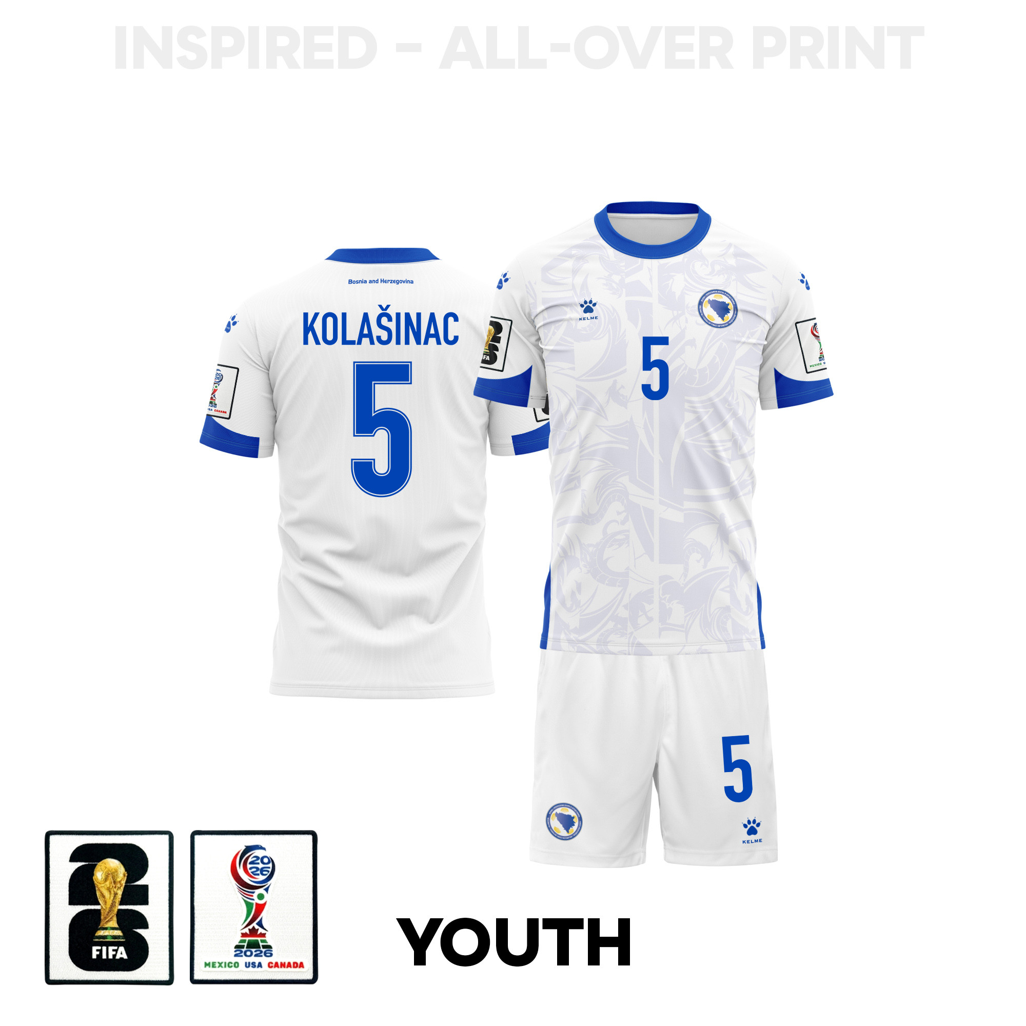 Sead KolaÅ¡inac 5 Bosnia and Herzegovina 2026 Away YOUTH Jersey & Shorts Set – White – Jersey Teams