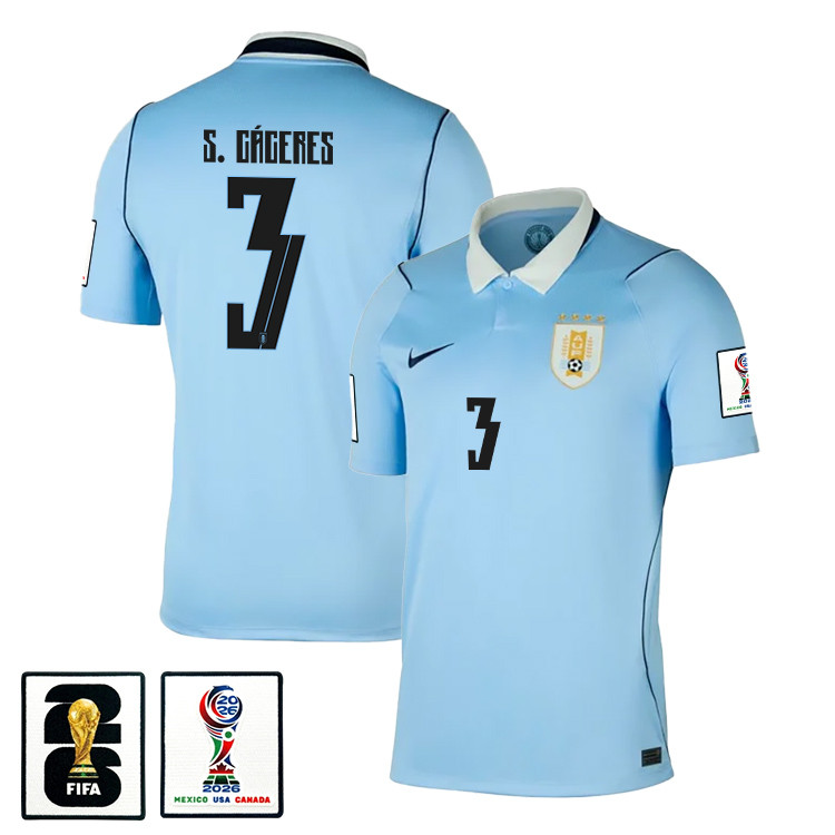 Sebastián Cáceres 3 Uruguay National Team 2026 x World Cup Patch Home Jersey - Blue, Men - Jersey Teams