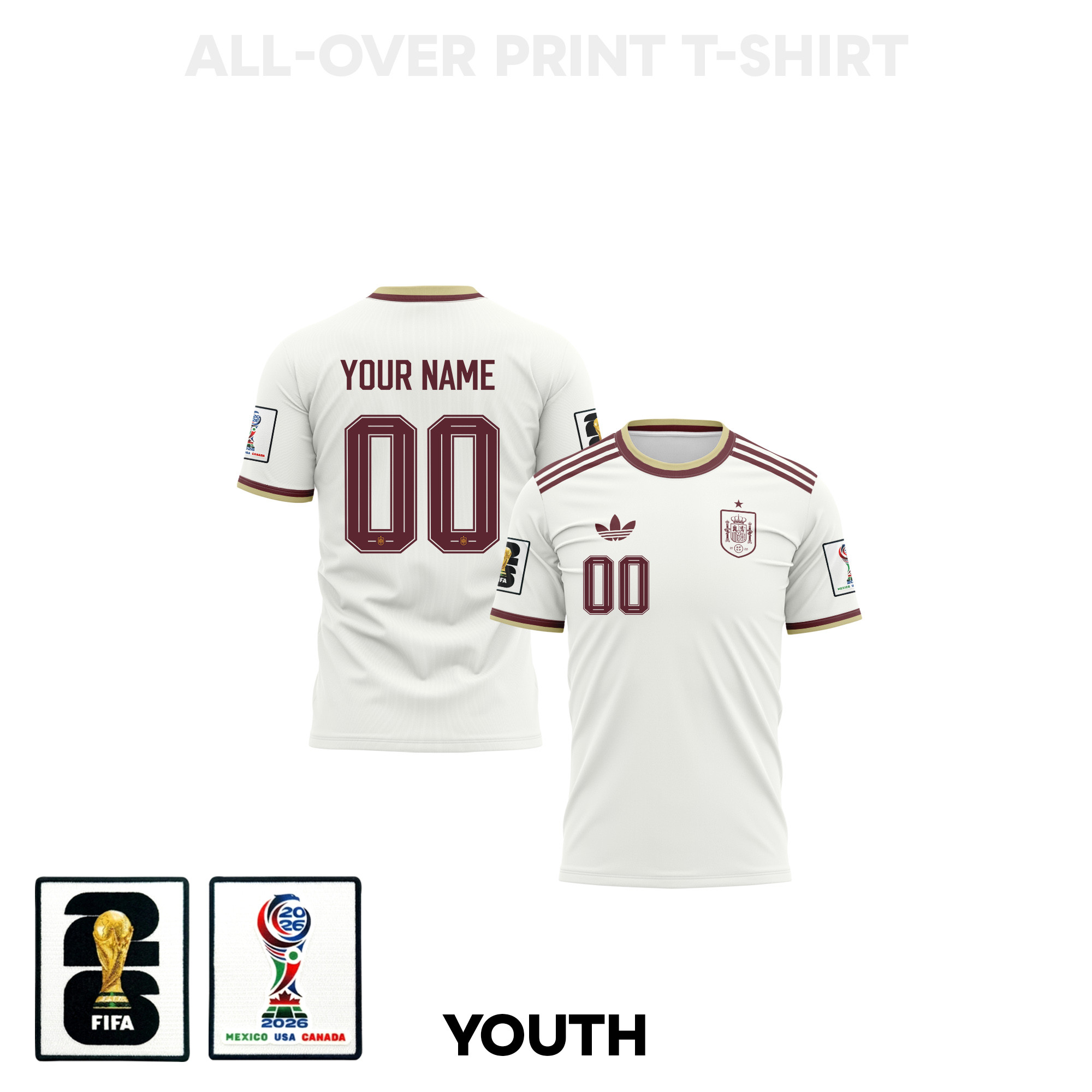 Spain 2026 Youth Away 3D T-shirt Fully Printed – Personalized – White – Jersey Teams