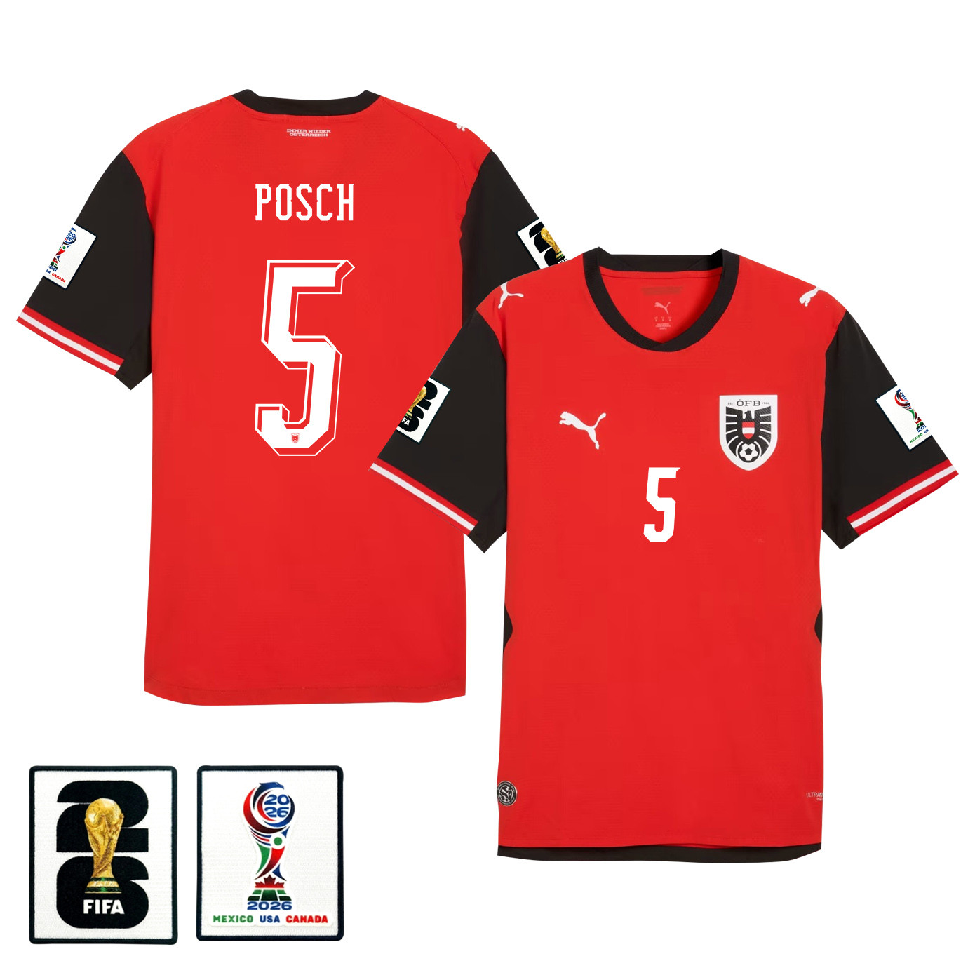 Stefan Posch 5 Youth Austria National Team 2026 Home Jersey - Red - Jersey Teams