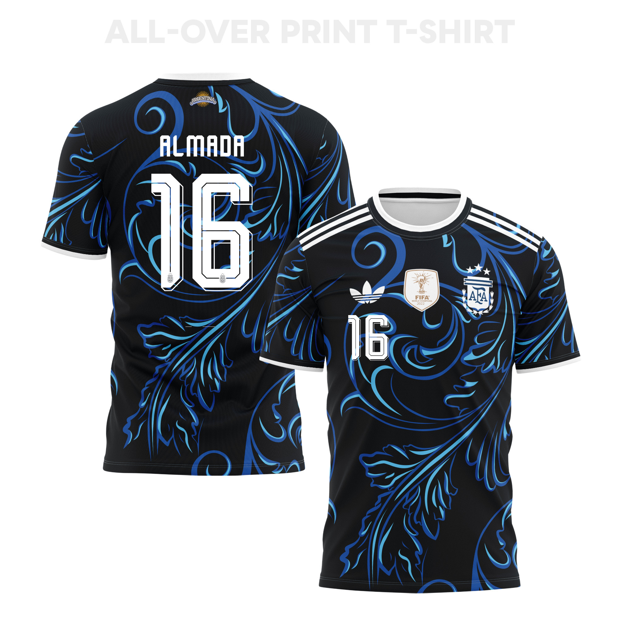 Thiago Almada 16 Argentina 2026 Away 3D T-Shirt Fully Printed – Unisex, Black - Jersey Teams