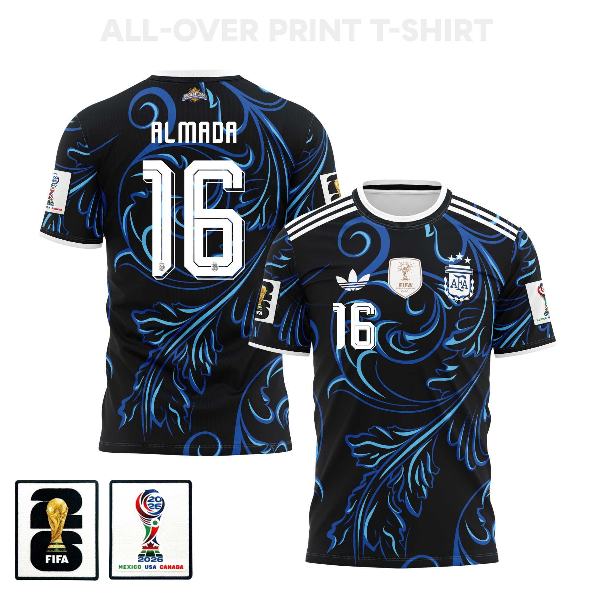 Thiago Almada 16 Argentina 2026 Away 3D T-Shirt Fully Printed – Unisex, Black - Jersey Teams