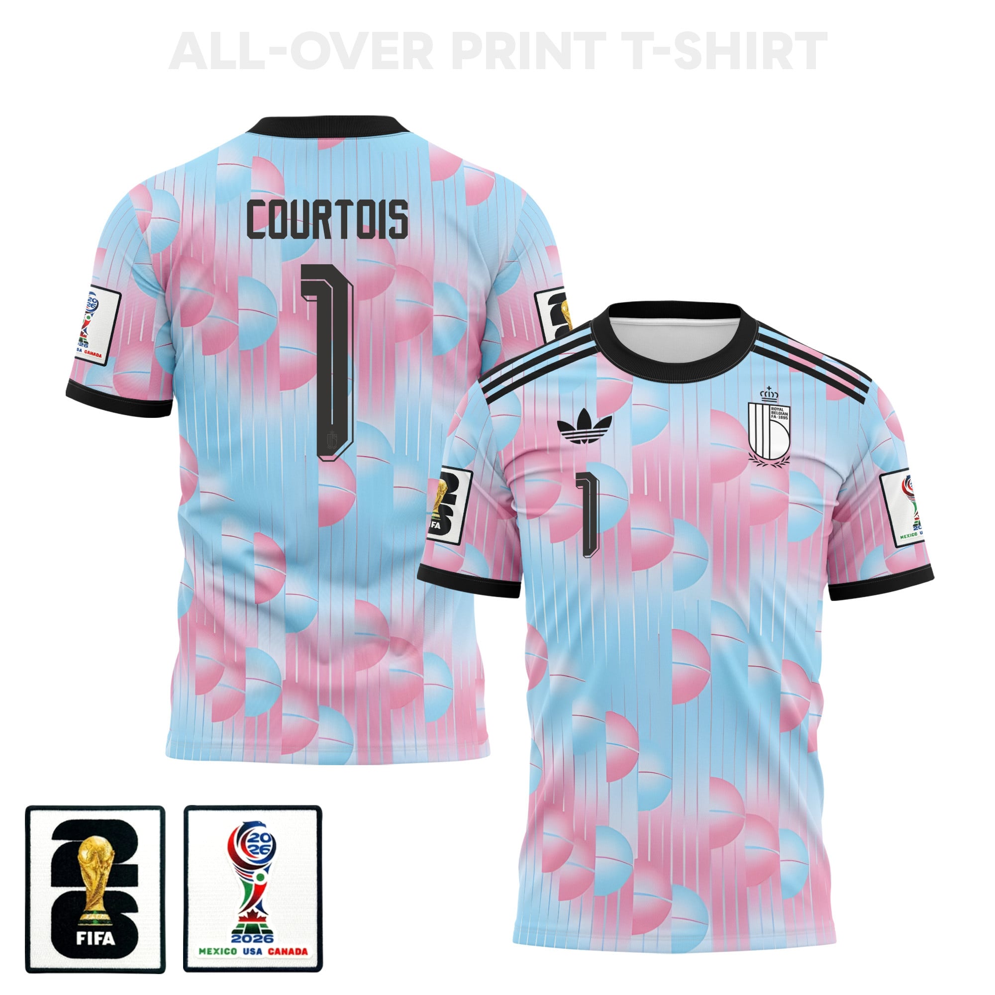 Thibaut Courtois 1 Belgium 2026 Away 3D T-Shirt Fully Printed – Unisex, Light Blue - Jersey Teams