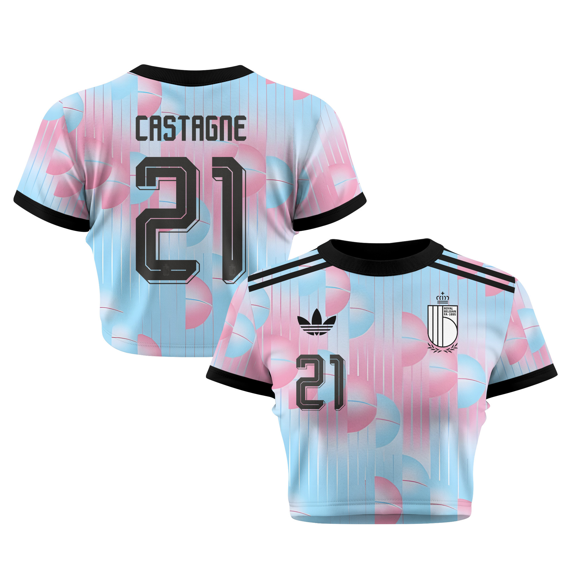 Timothy Castagne 21 Belgium 2026 Women's Away All-Over Print Cropped Jersey - Light Blue - Jersey Teams