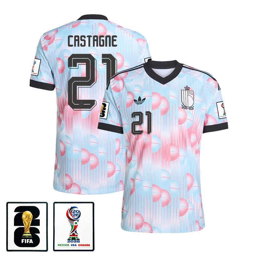 Timothy Castagne 21 Belgium National Team 2026 x World Cup Patch Away Jersey - Light Blue, Men - Jersey Teams