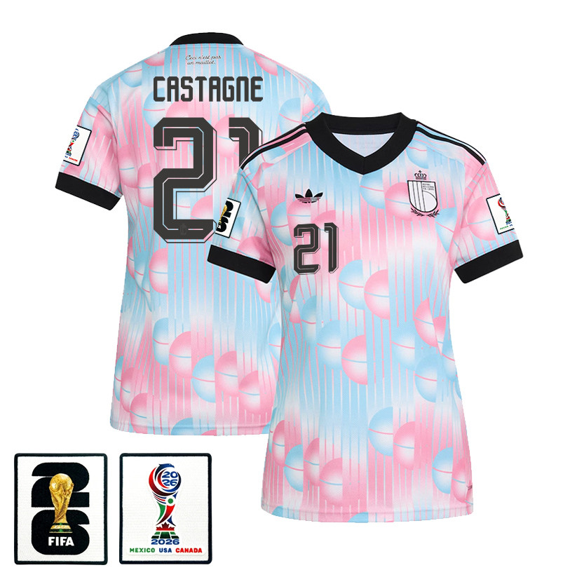Timothy Castagne 21 Women’s Belgium National Team 2026 Away Jersey – Light Blue – Jersey Teams