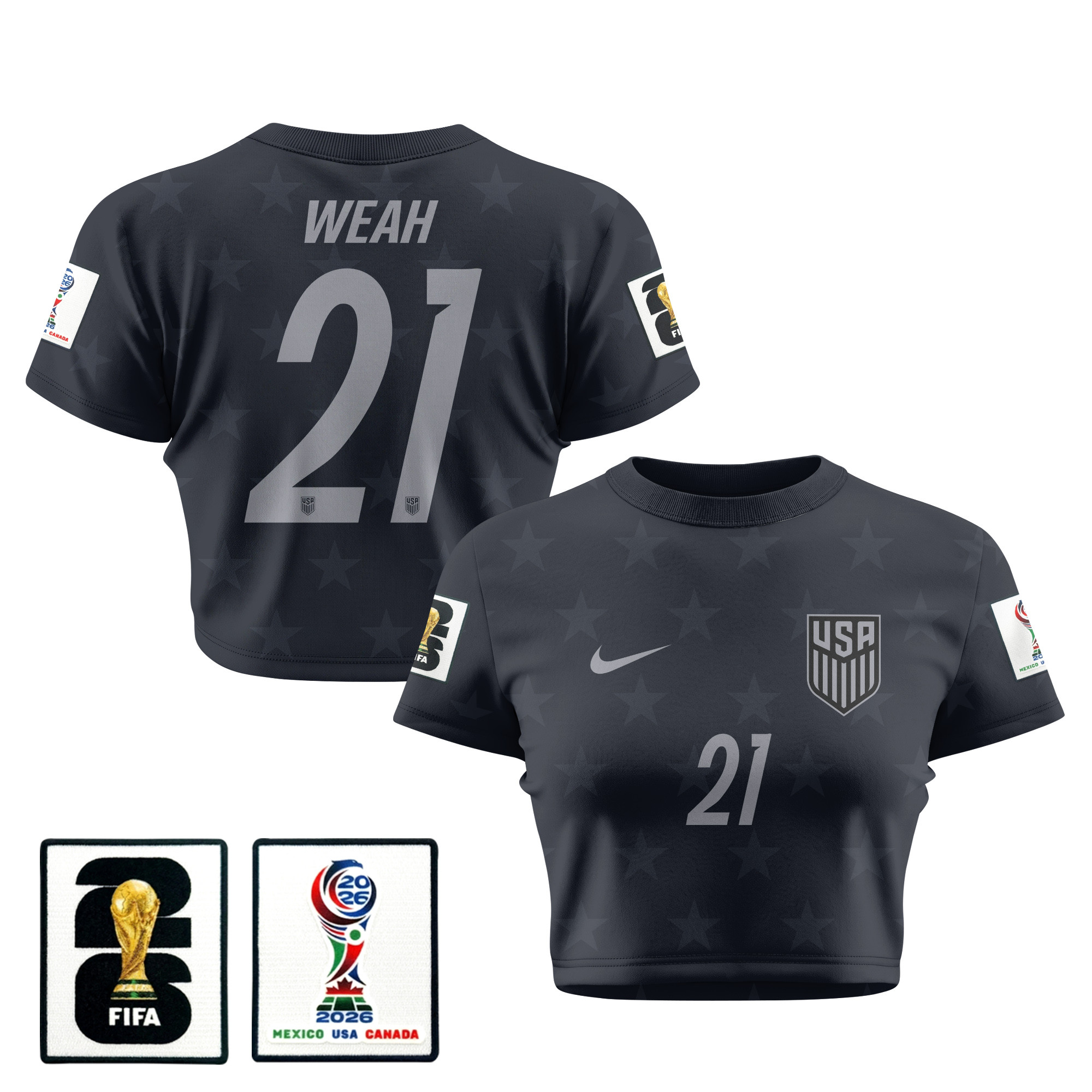 Timothy Weah 21 USMNT 2026 Women's Away All-Over Print Cropped Jersey - Black - Jersey Teams