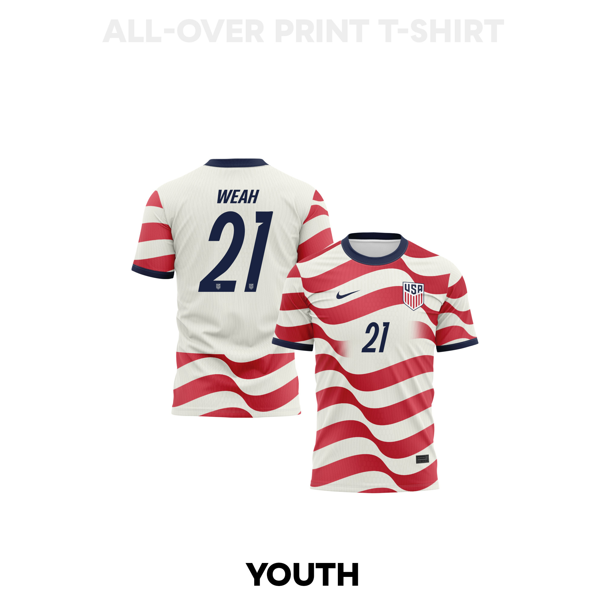 Timothy Weah 21 Youth USMNT 2026 Home 3D T-shirt Fully Printed – White/Red - Jersey Teams