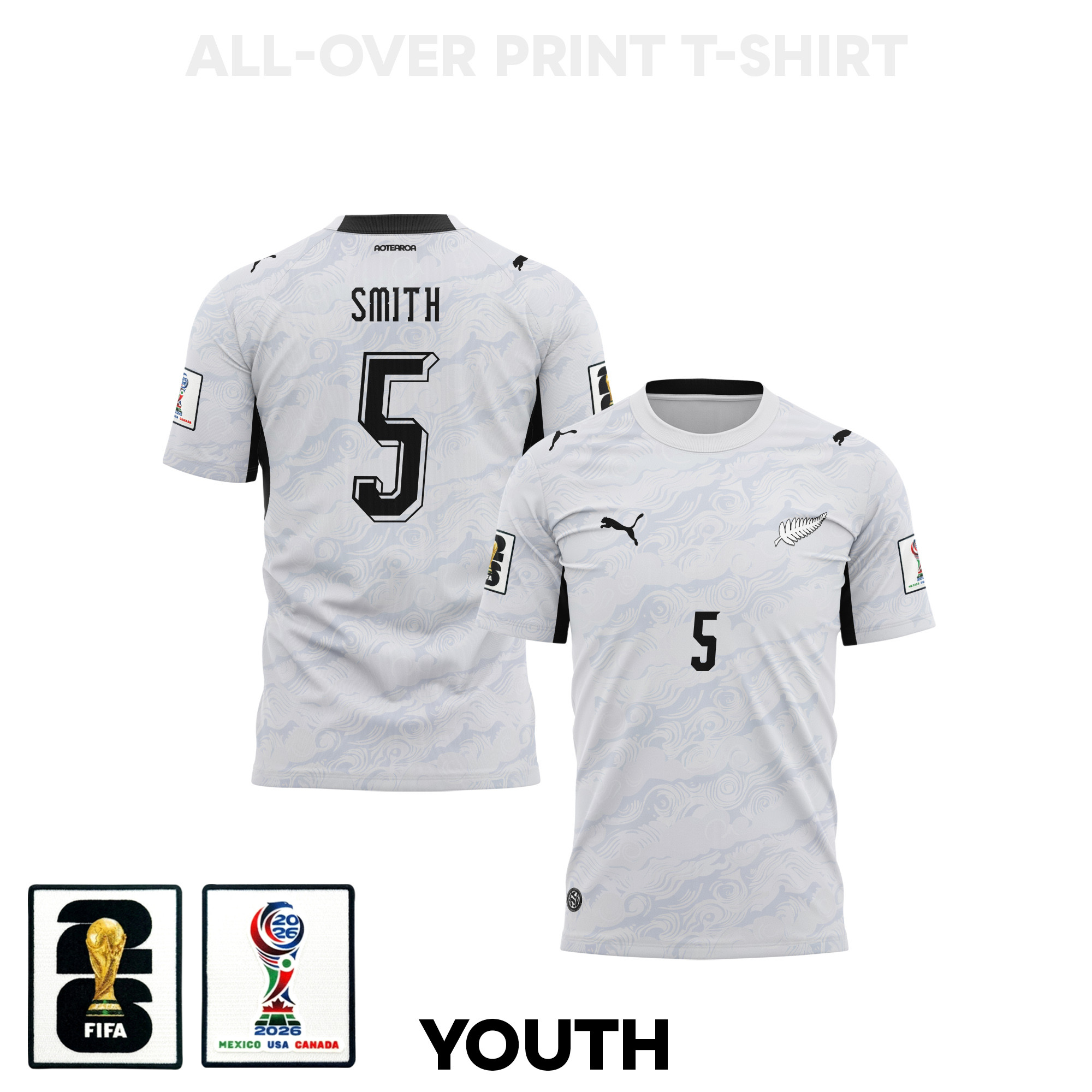 Tommy Smith 5 Youth New Zealand 2026 Away 3D T-shirt Fully Printed – White – Jersey Teams