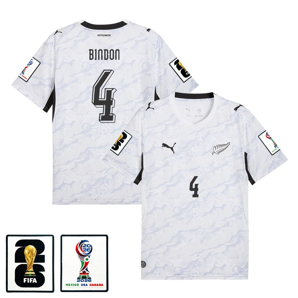 Tyler Bindon 4 New Zealand National Team 2026 Away Jersey - White, Men - Jersey Teams
