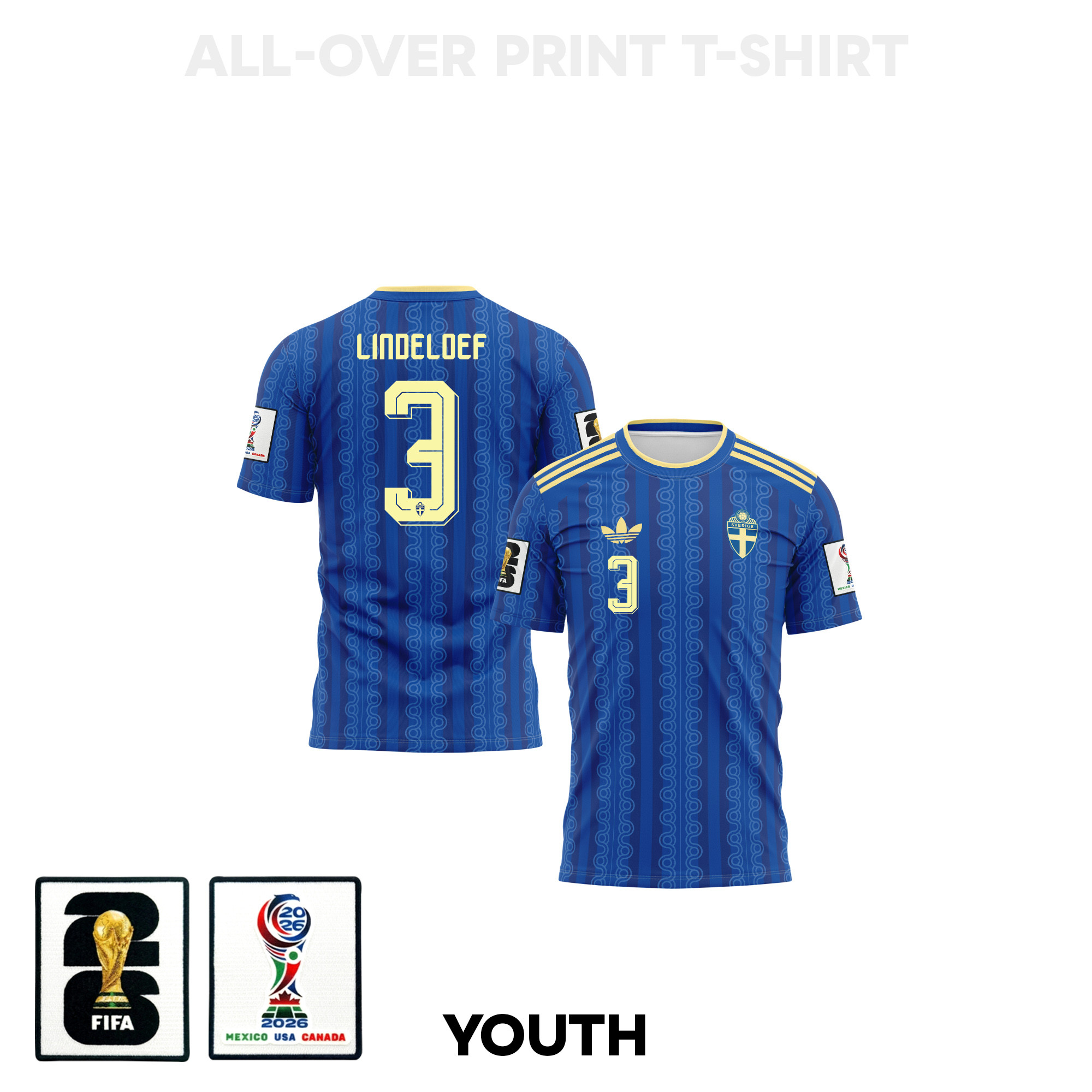 Victor Lindeloef 3 Youth Sweden 2026 Away 3D T-shirt Fully Printed – Blue – Jersey Teams