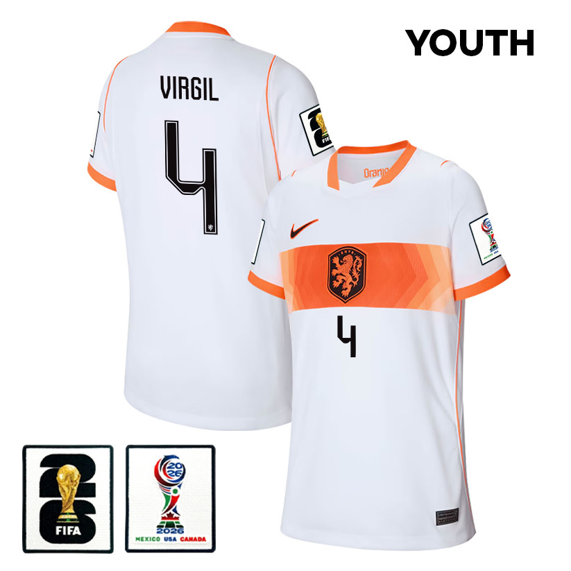 Virgil van Dijk 4 Youth Netherlands National Team 2026 Away Jersey – White – Jersey Teams