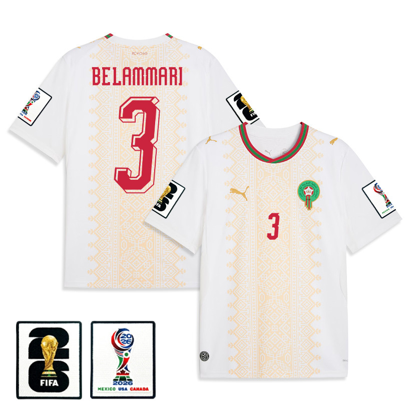 Youssef Belammari 3 Morocco National Team 2026 Away Jersey - White, Men - Jersey Teams